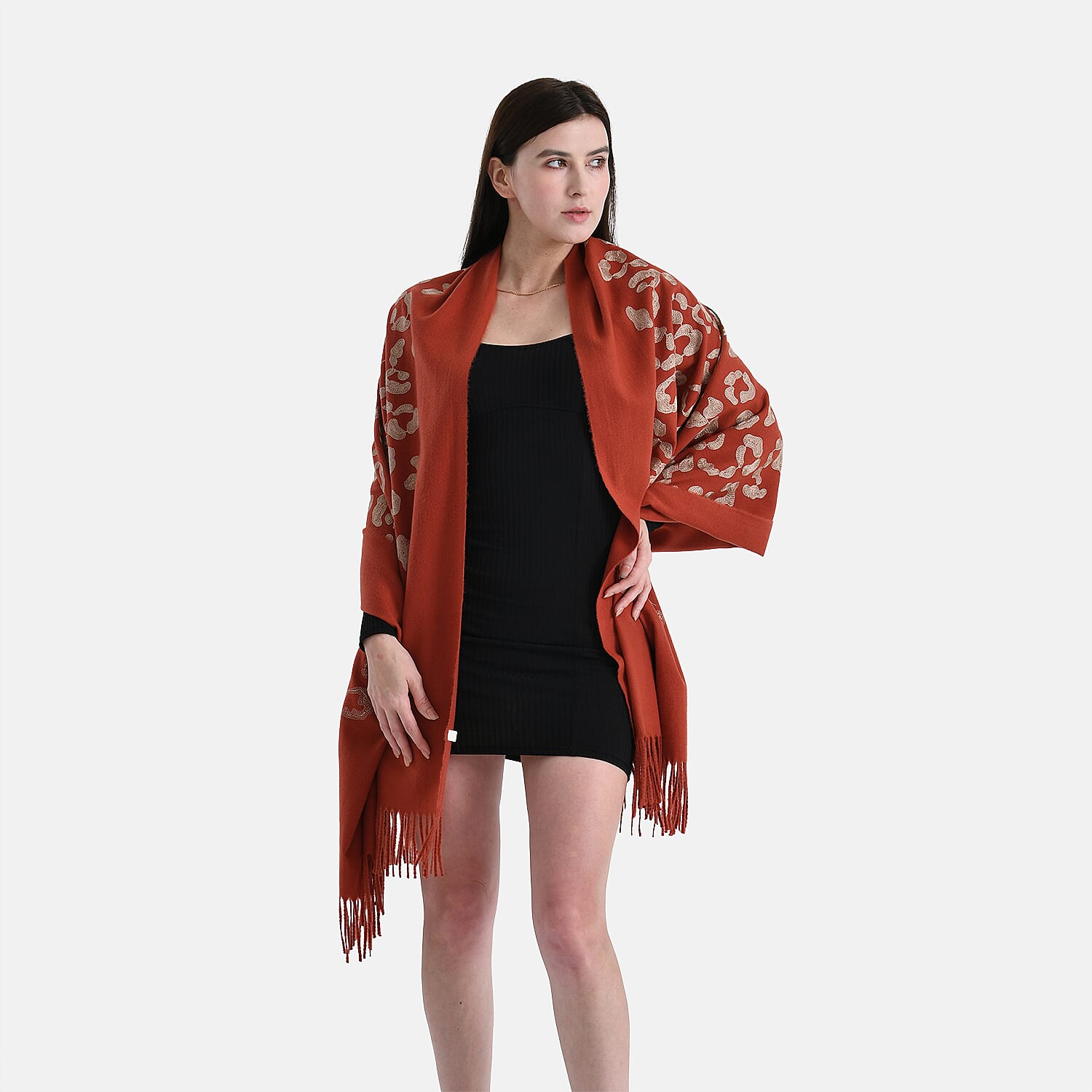 Cashew Embroidery Scarf with Tassel (Size 180x70 cm) - Dark Orange