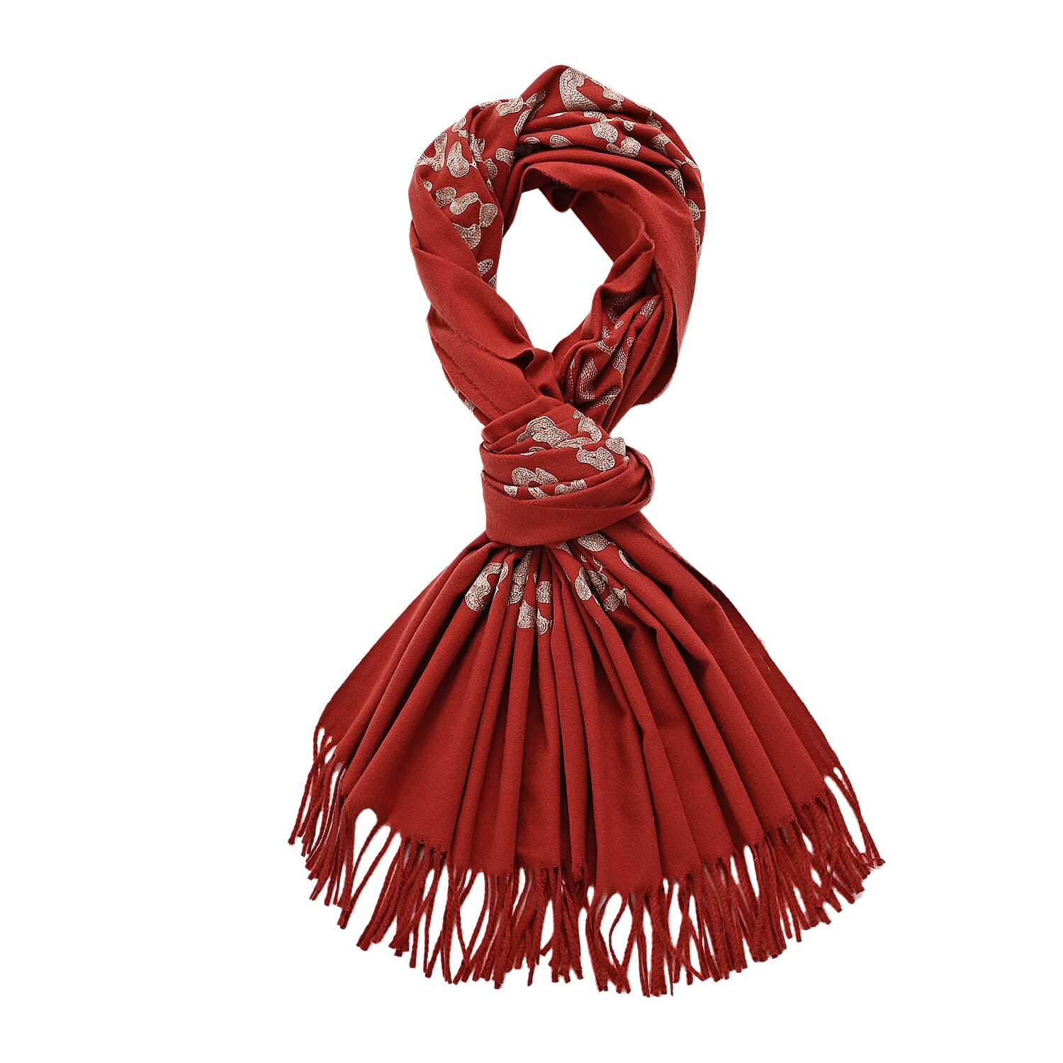 Cashew Embroidery Scarf with Tassel (Size 180x70 cm) - Dark Orange