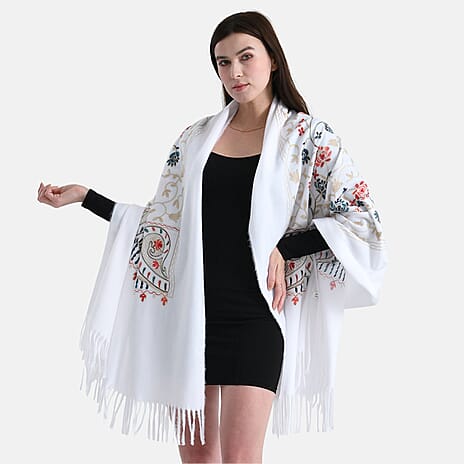 Floral Embroidery Scarf with Tassels (Size 180x70 cm) - White