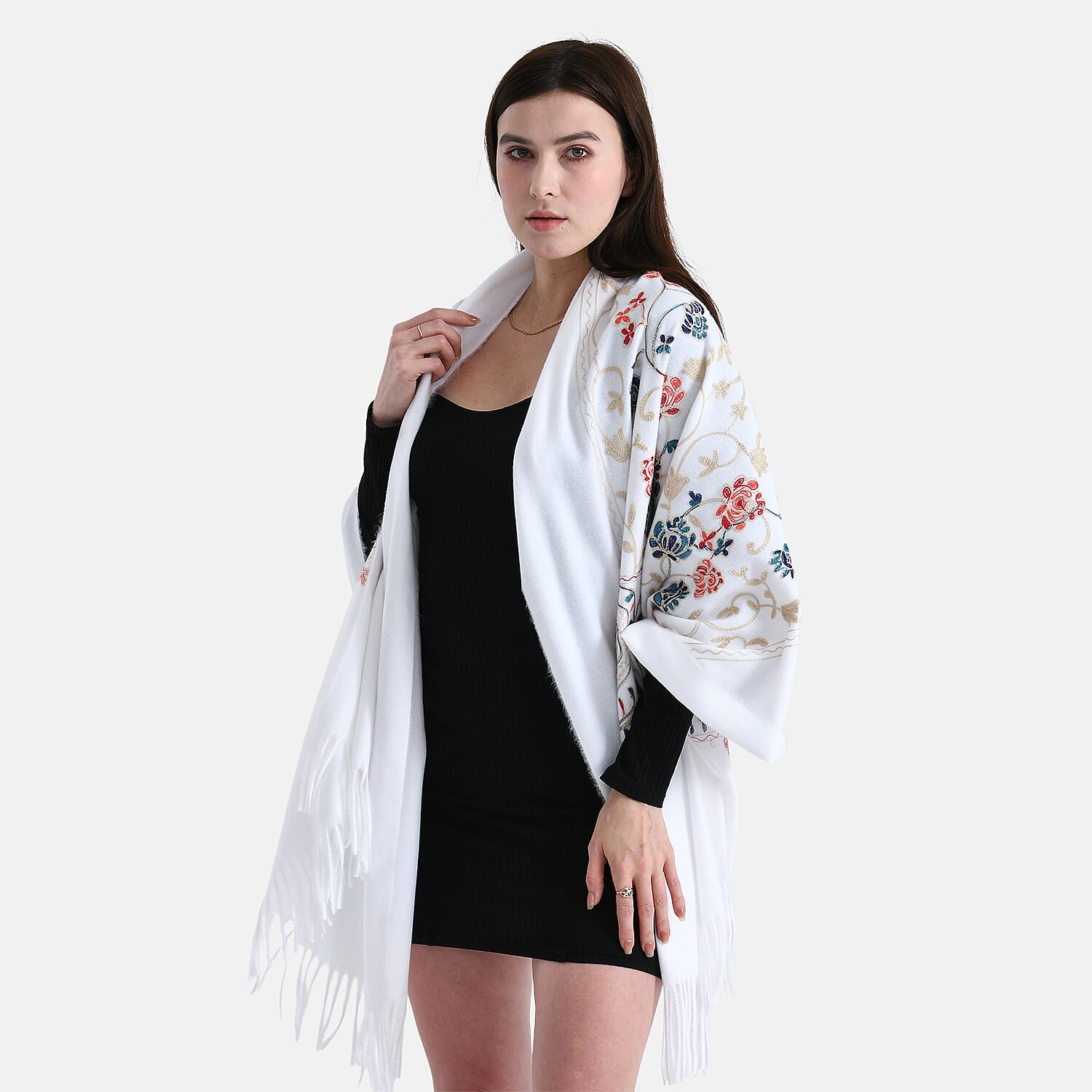 Floral Embroidery Scarf with Tassels (Size 180x70 cm) - White