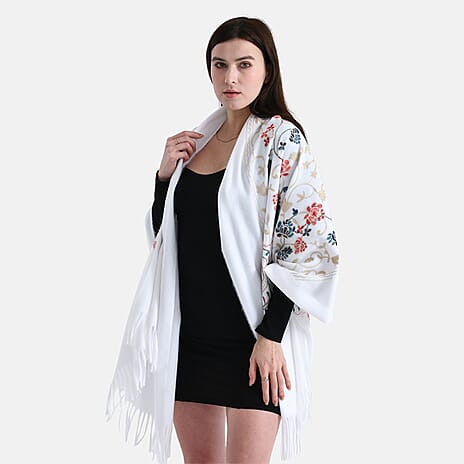 Floral Embroidery Scarf with Tassels (Size 180x70 cm) - White