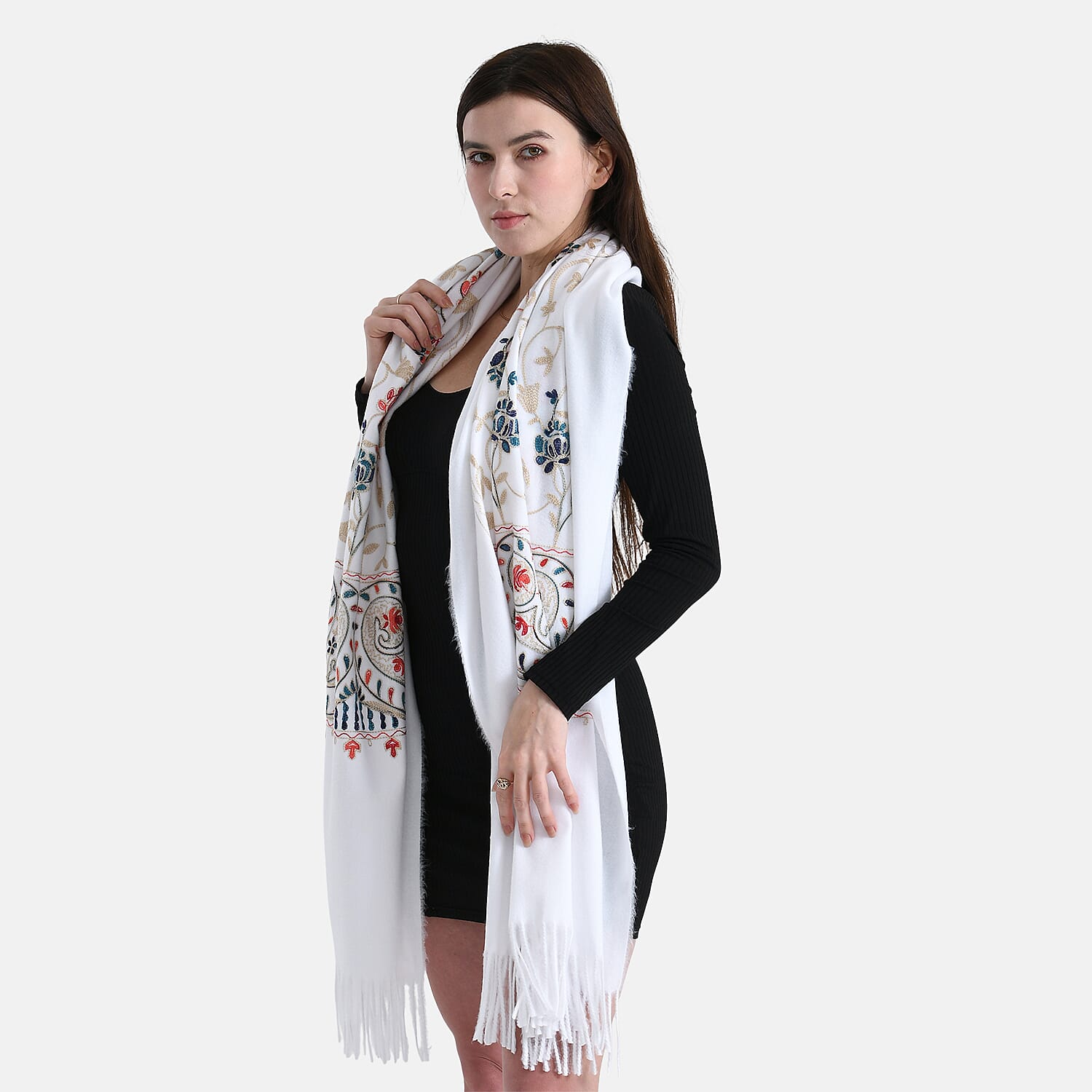 Floral Embroidery Scarf with Tassels (Size 180x70 cm) - White