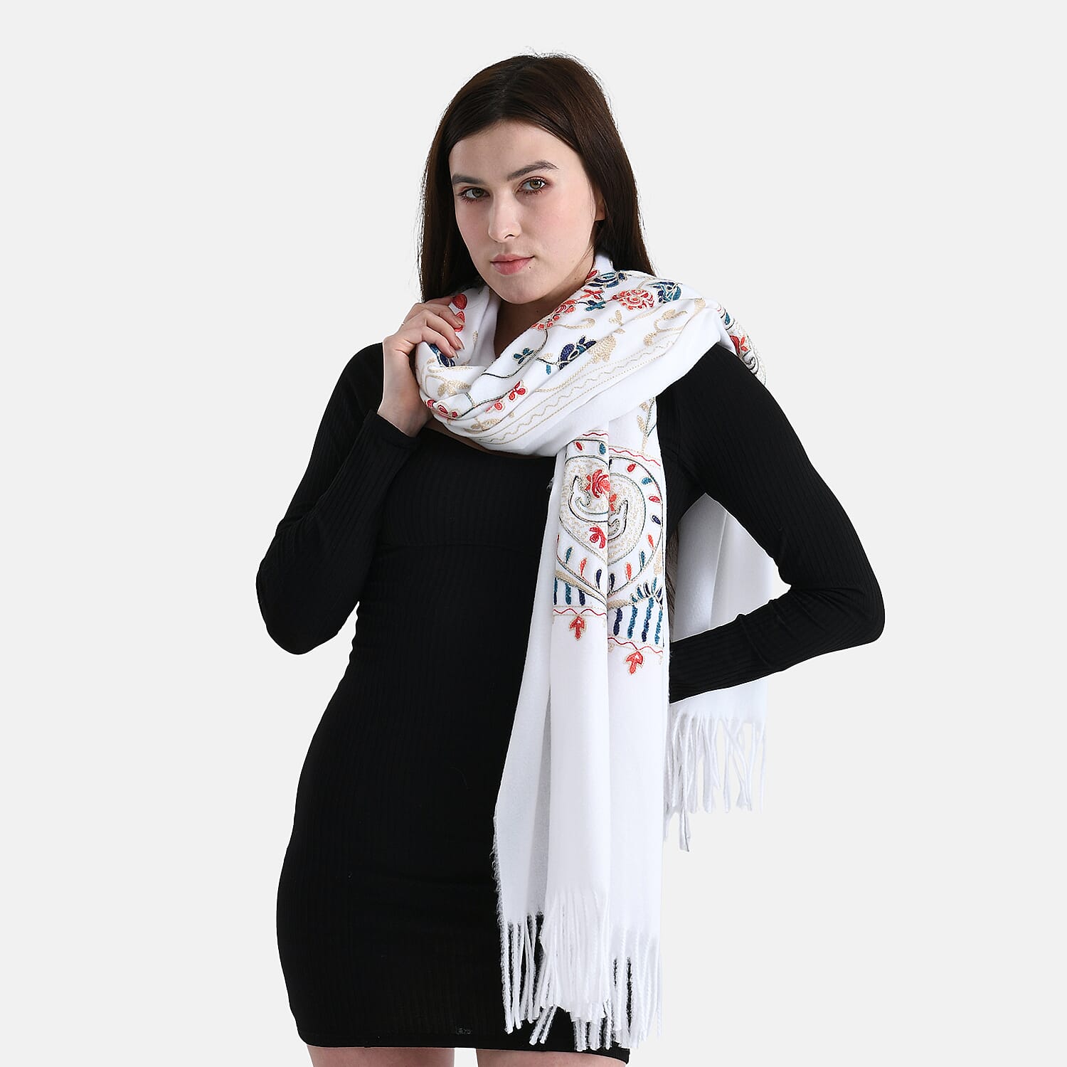 Floral Embroidery Scarf with Tassels (Size 180x70 cm) - White