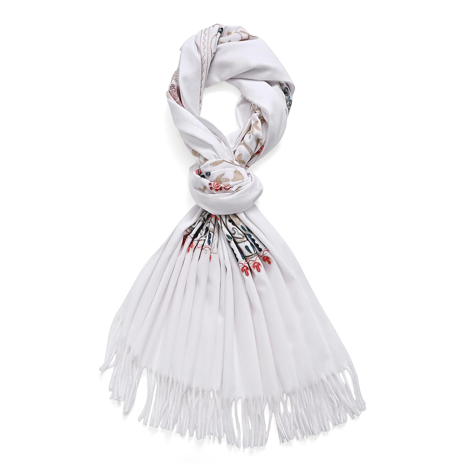 Floral Embroidery Scarf with Tassels (Size 180x70 cm) - White