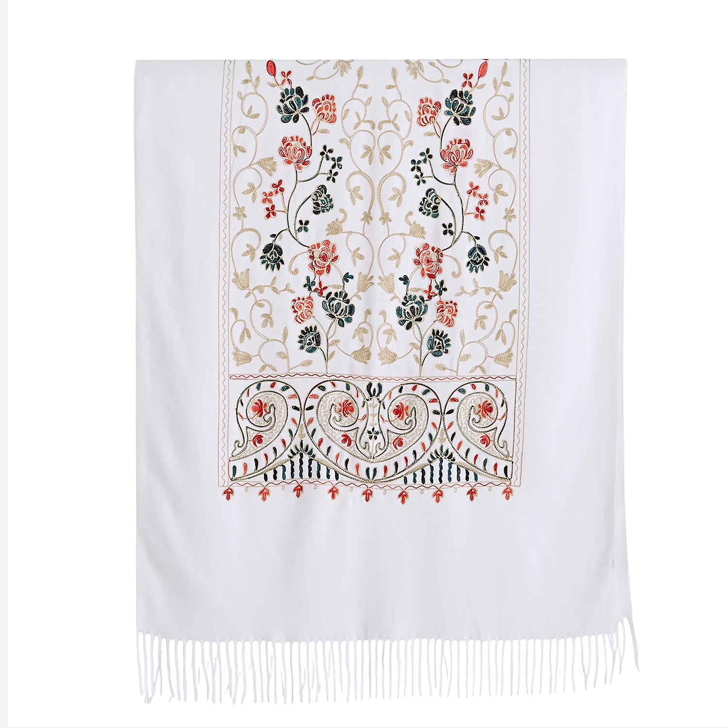 Floral Embroidery Scarf with Tassels (Size 180x70 cm) - White