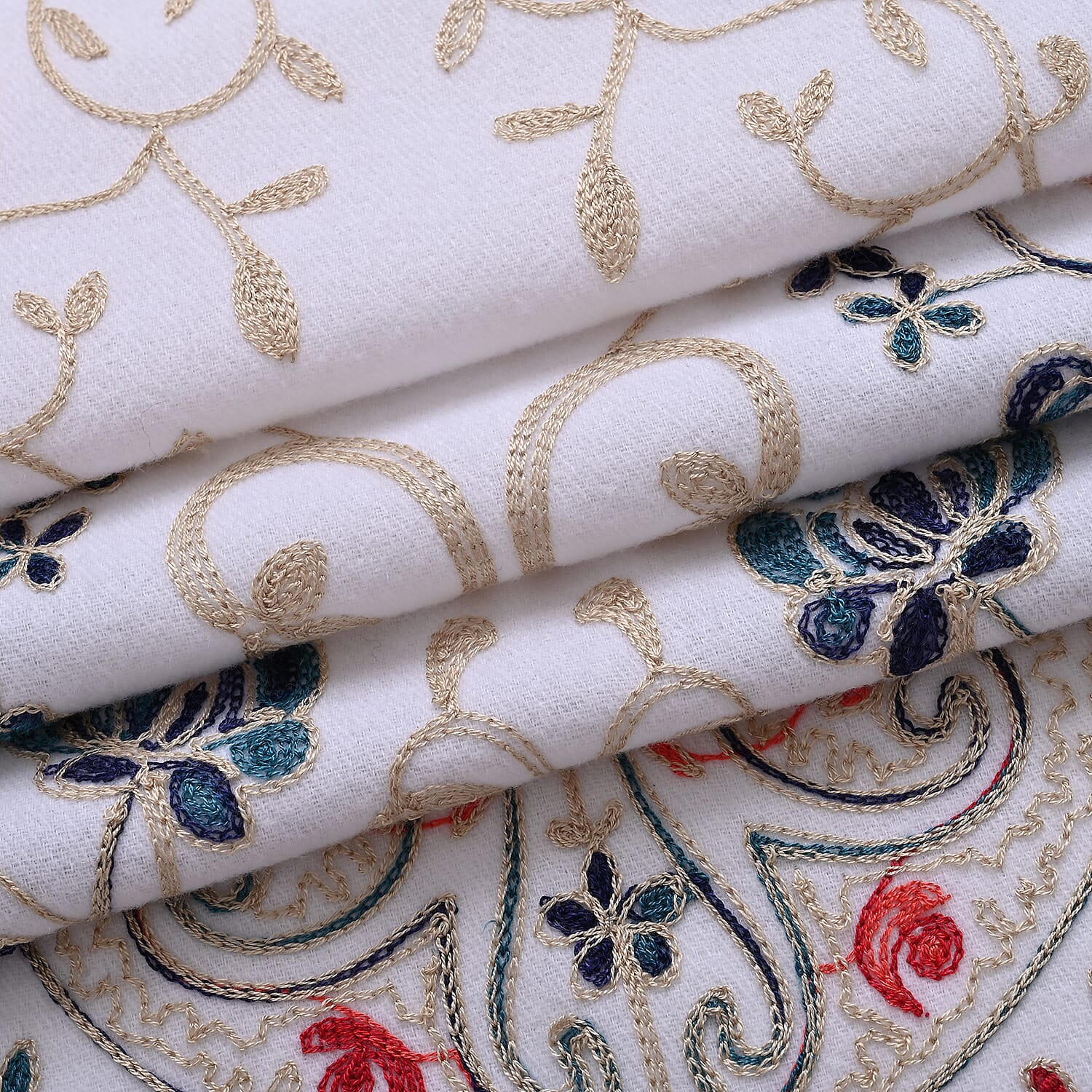 Floral Embroidery Scarf with Tassels (Size 180x70 cm) - White