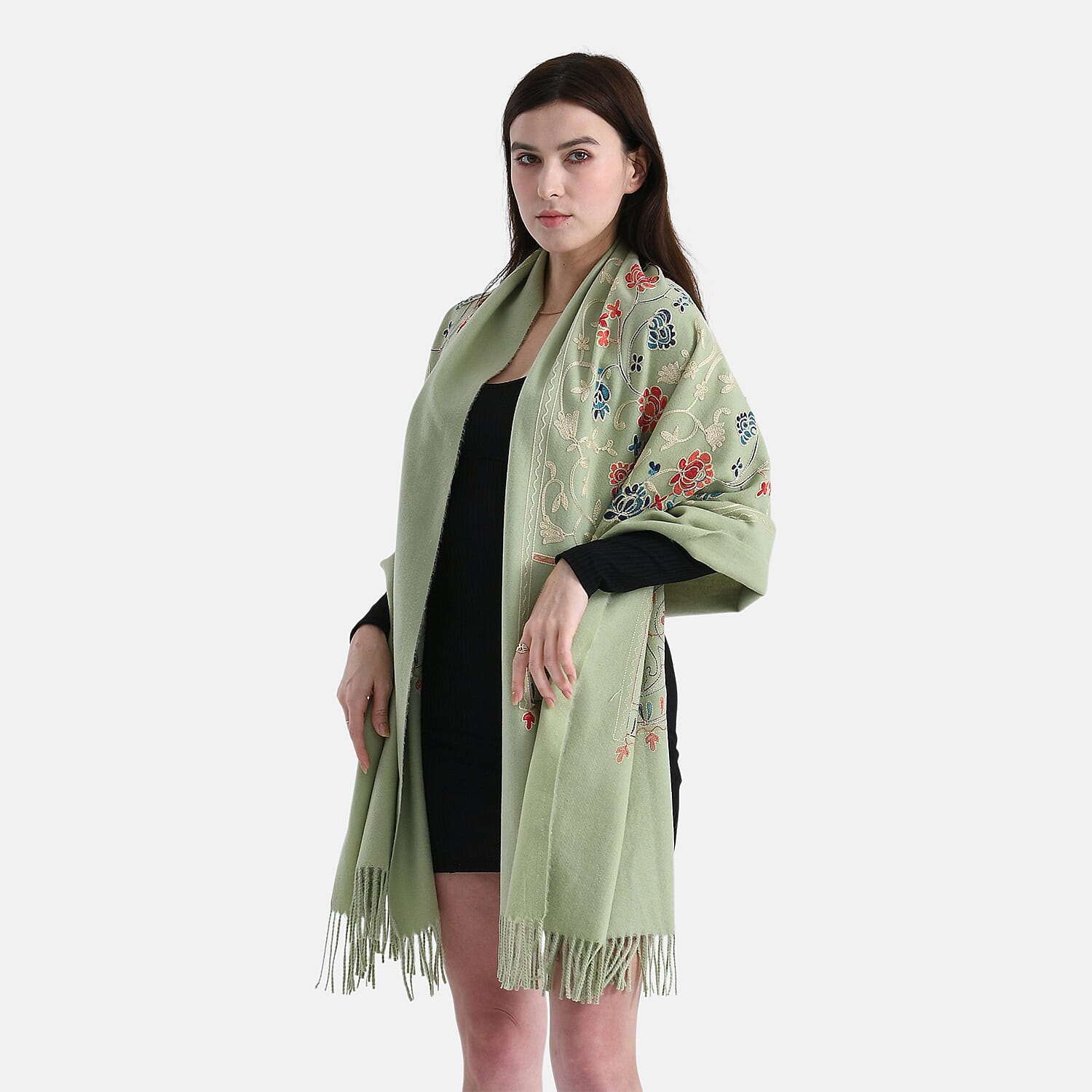 Floral Embroidery Scarf with Tassels (Size 180x70 cm) - Green