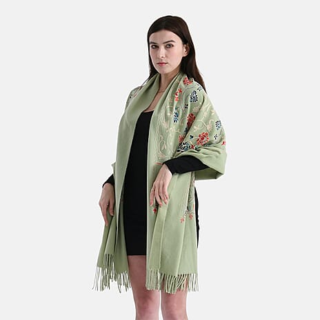 Floral Embroidery Scarf with Tassels (Size 180x70 cm) - Green