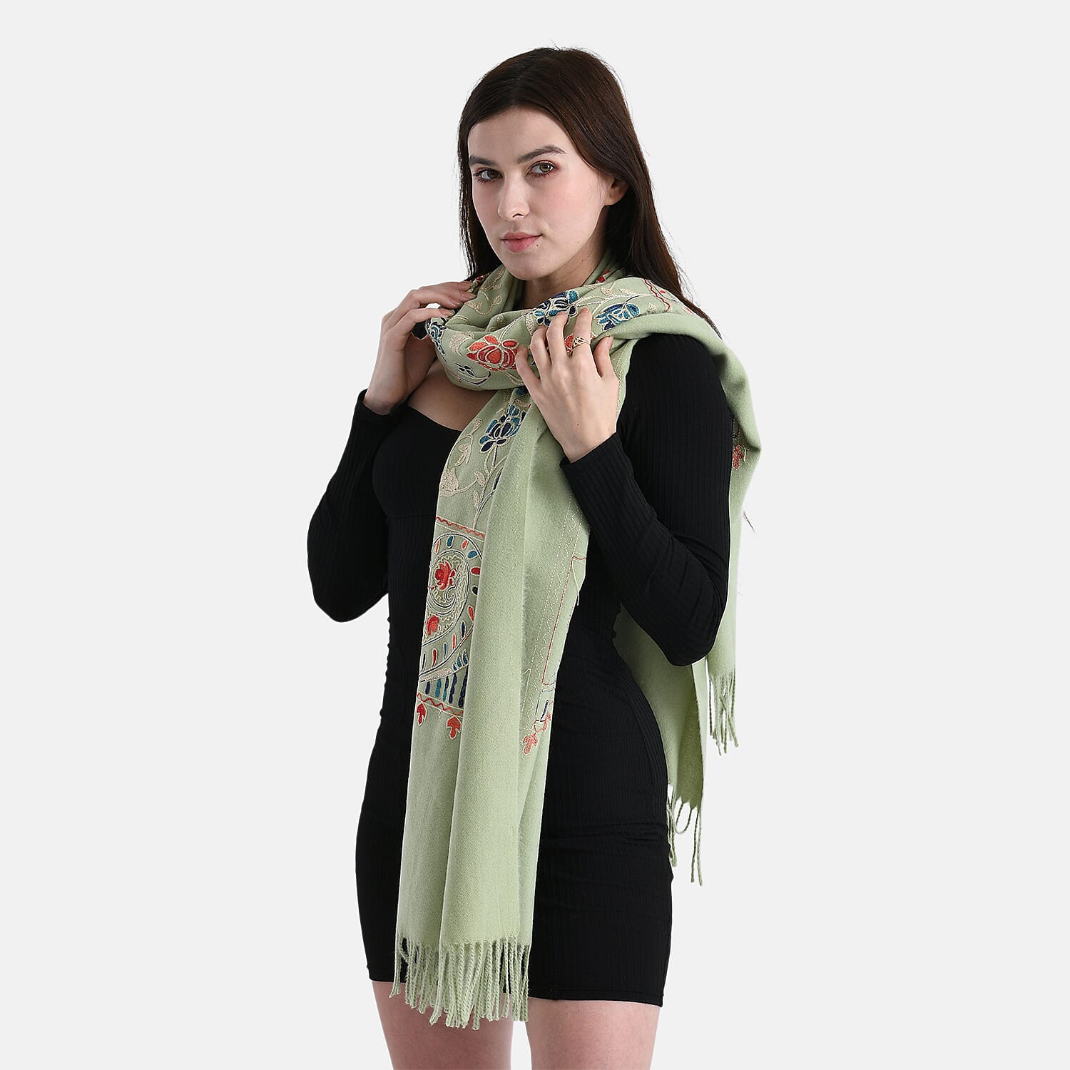Floral Embroidery Scarf with Tassels (Size 180x70 cm) - Green