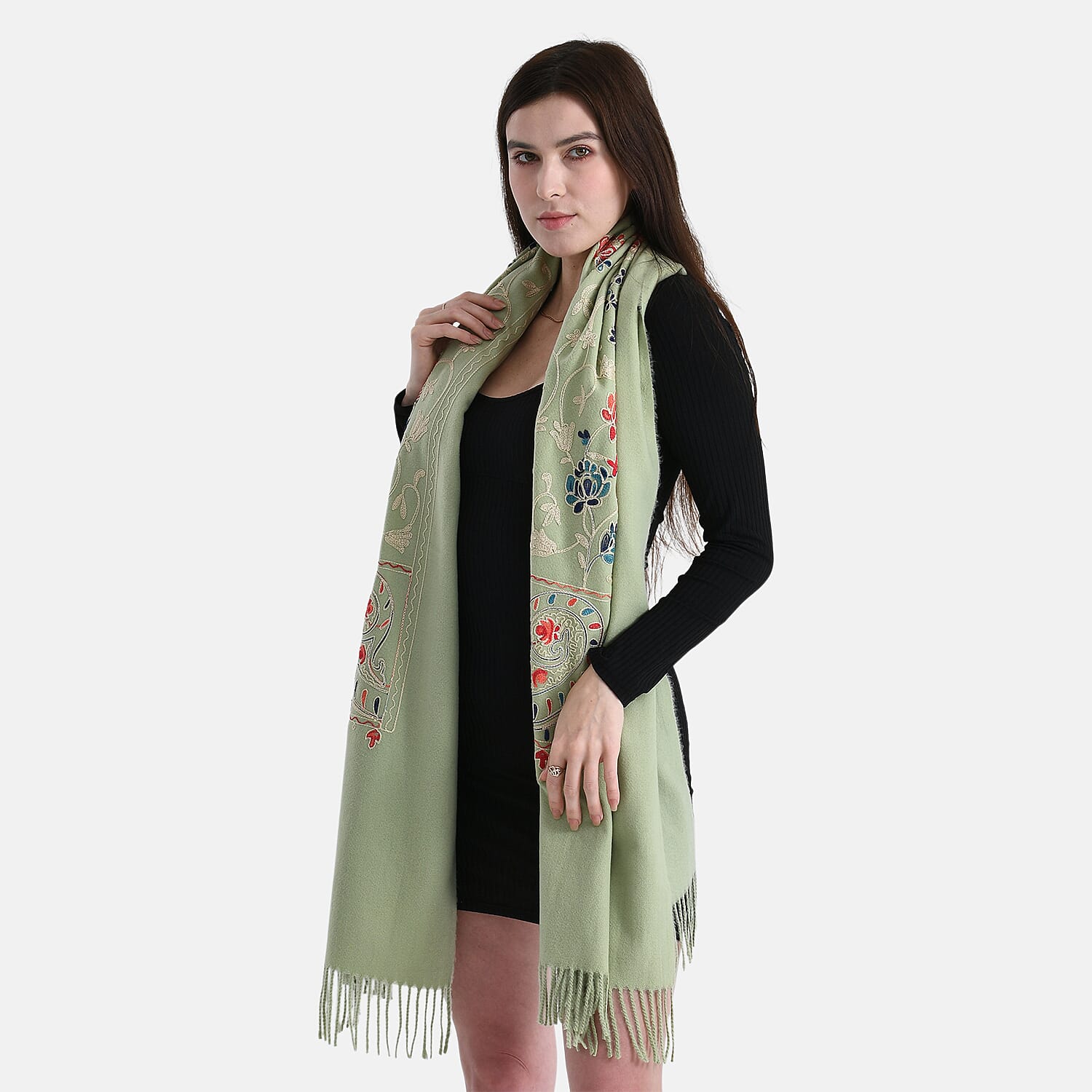 Floral Embroidery Scarf with Tassels (Size 180x70 cm) - Green