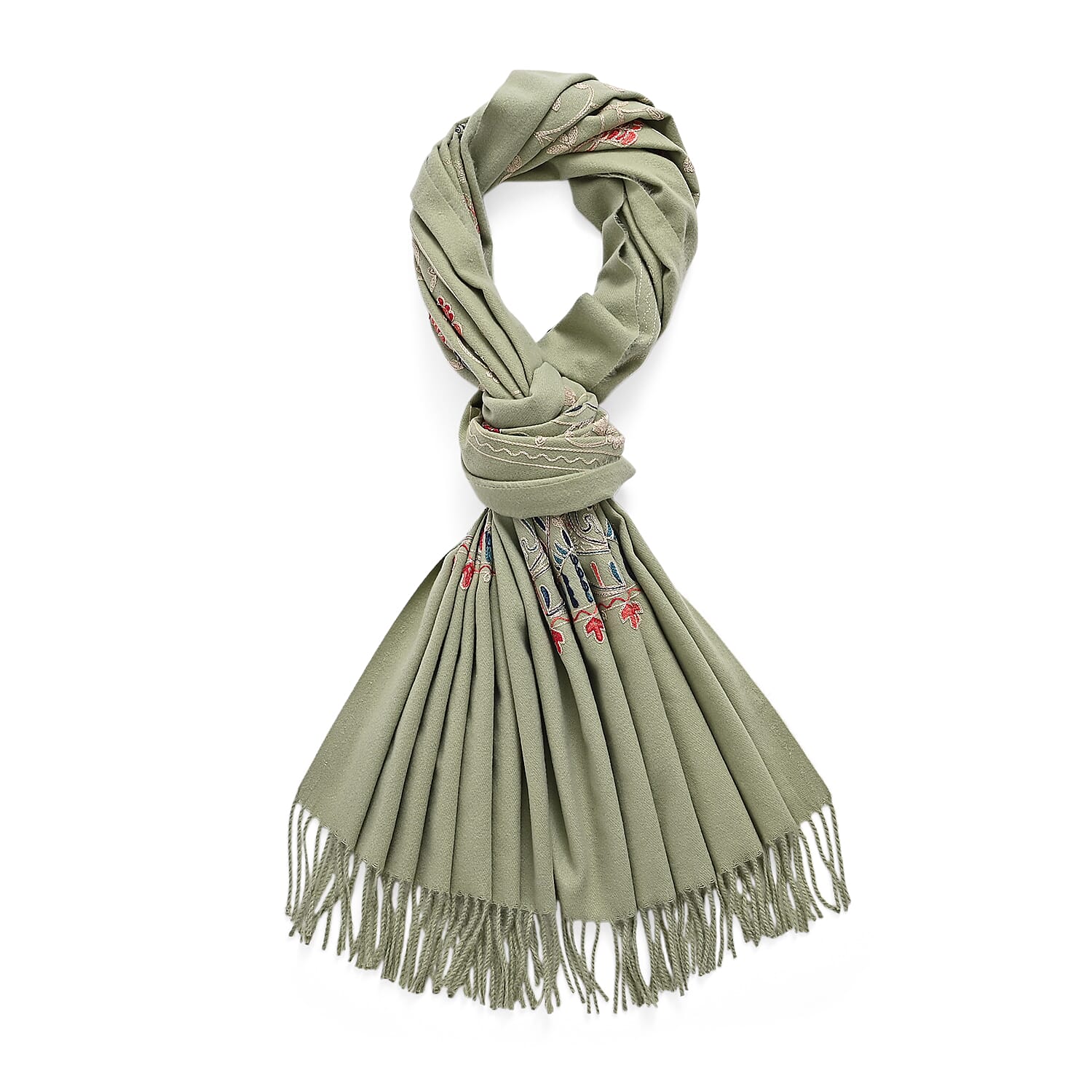 Floral Embroidery Scarf with Tassels (Size 180x70 cm) - Green