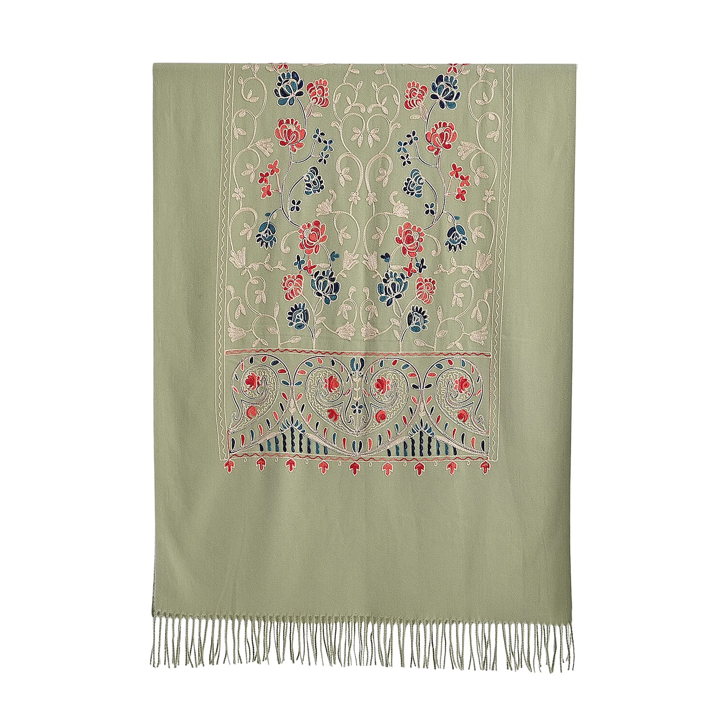 Floral Embroidery Scarf with Tassels (Size 180x70 cm) - Green