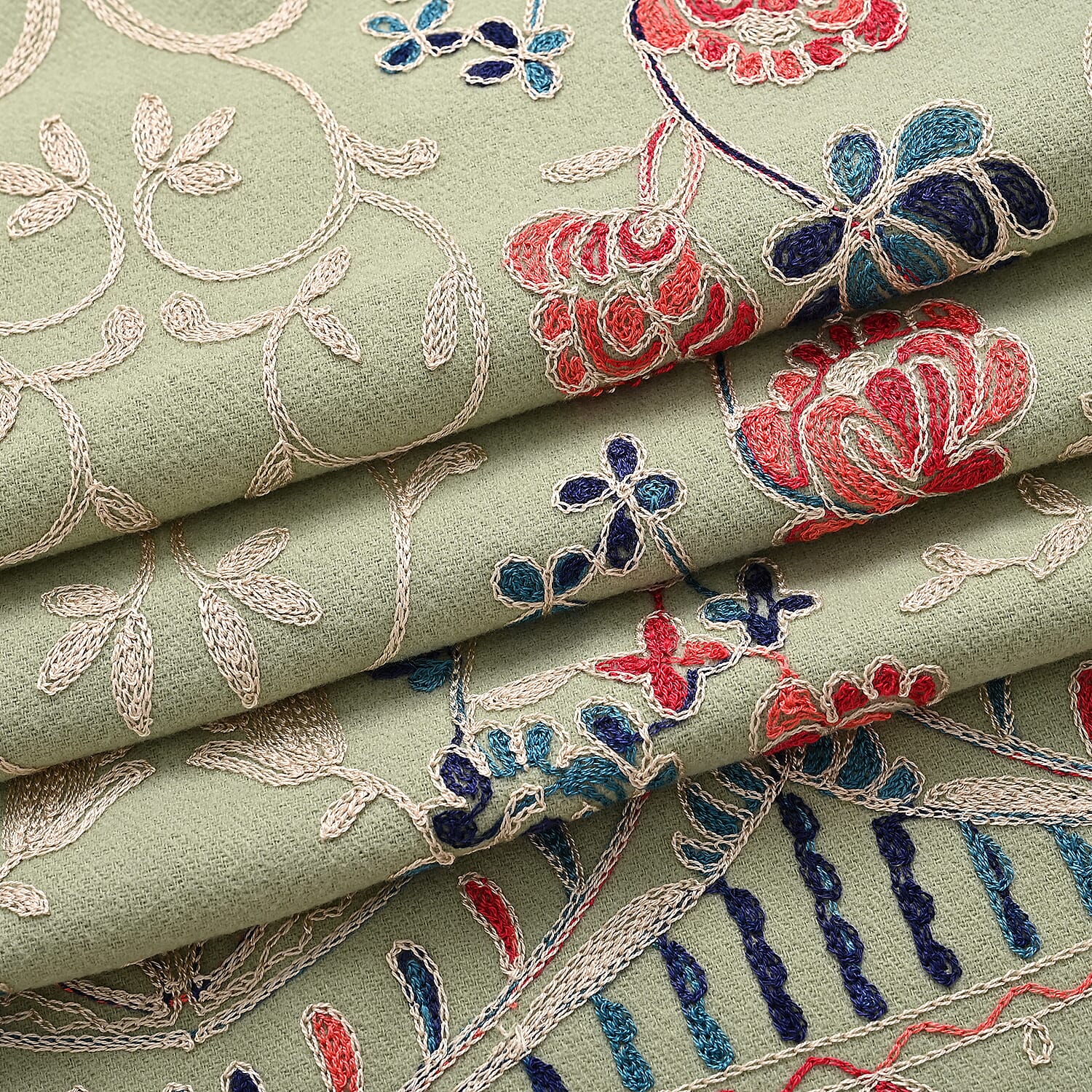 Floral Embroidery Scarf with Tassels (Size 180x70 cm) - Green