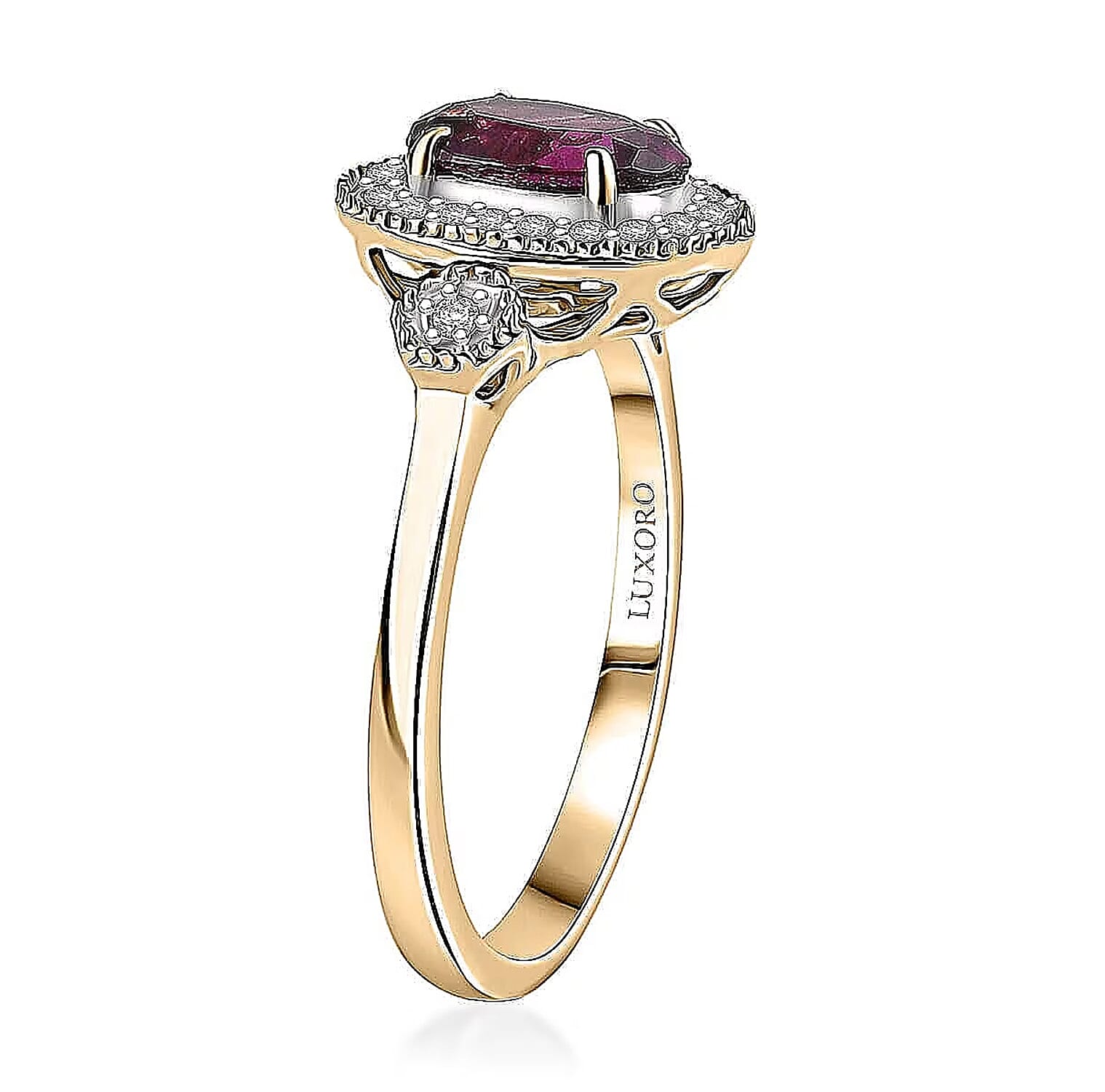 Luxoro 10K Yellow Gold AAA Radiant Ember Garnet, White Diamond I2 Main Stone With Side Stone Ring, Gold Wt.2.51 Gms  1.680  Ct.