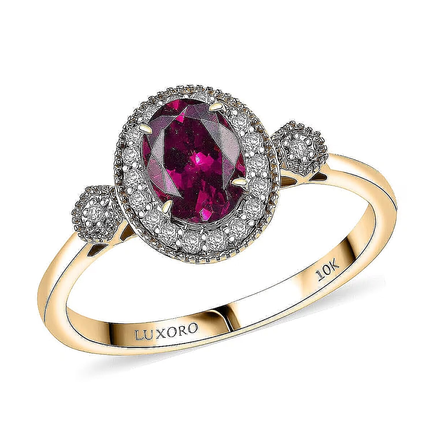 Certified & Appraised LUXORO 1.68 Ct. AAA Radiant Ember Garnet, White Diamond Halo Ring in 10K Yellow Gold