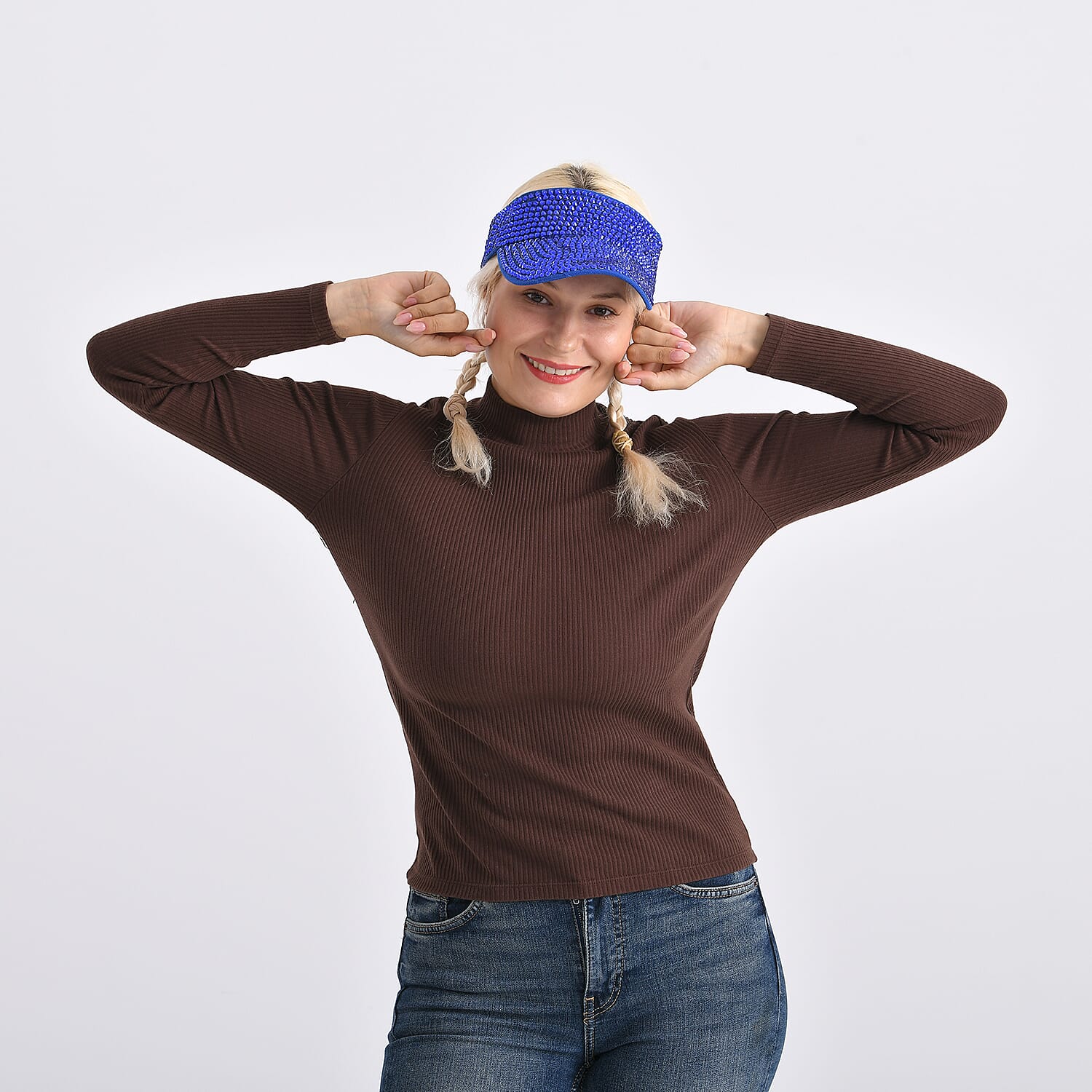 Rhinestone Baseball Visor Cap with Adjustable Strap (Head Size- 57-58cm) - Blue