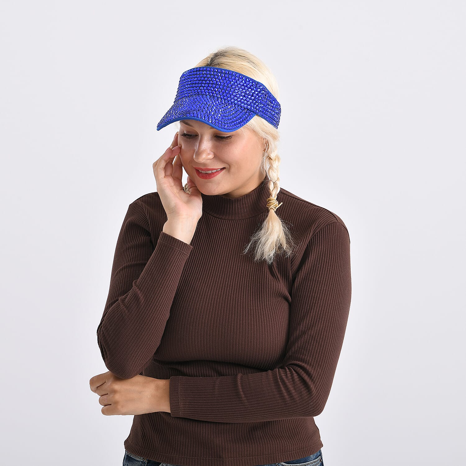 Rhinestone Baseball Visor Cap with Adjustable Strap (Head Size- 57-58cm) - Blue