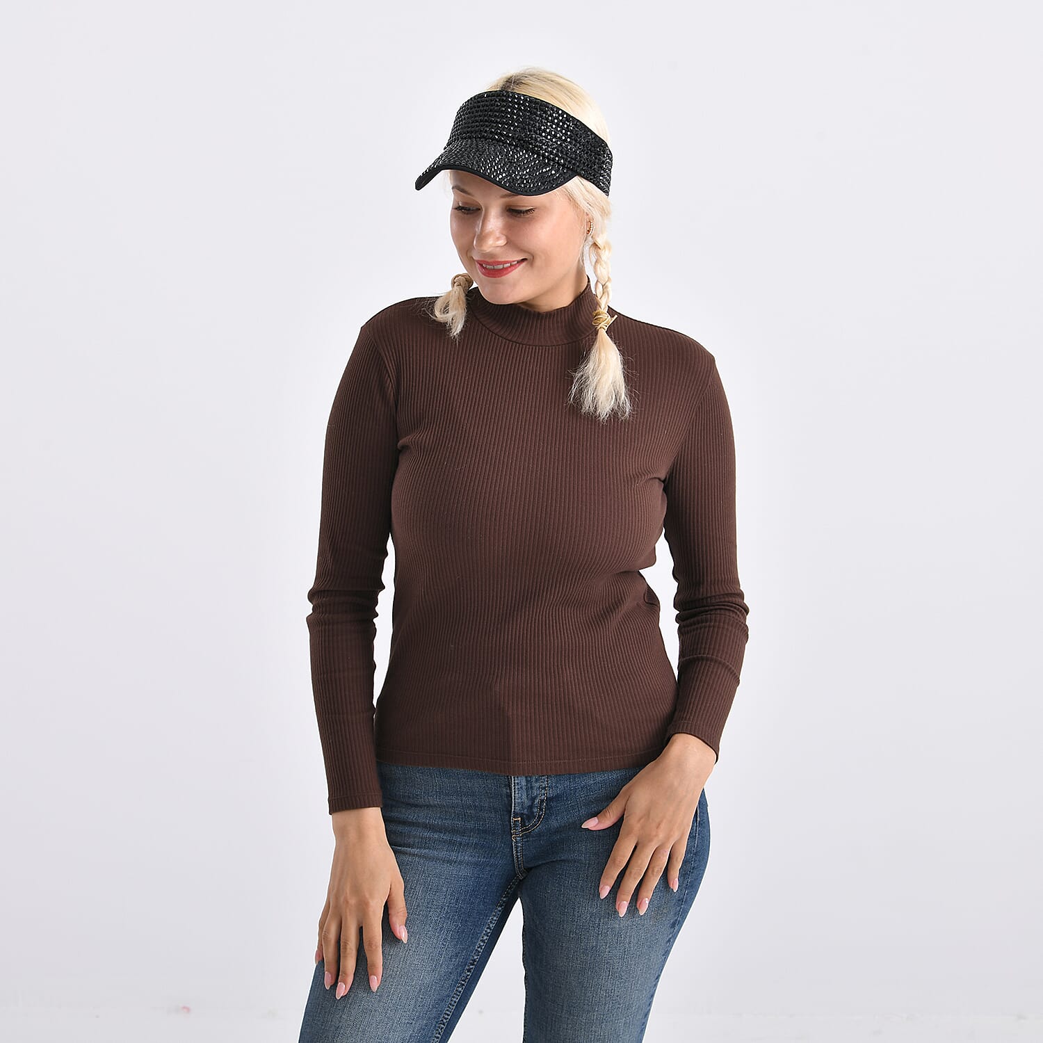 Rhinestone Baseball Visor Cap with Adjustable Strap (Head Size- 57-58cm) - Black