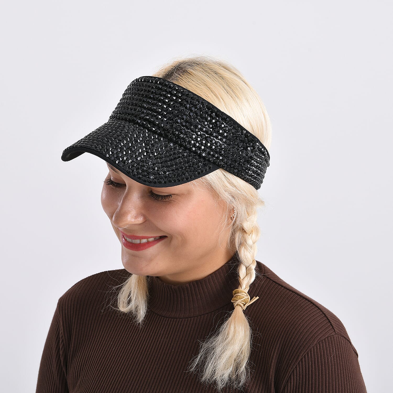 Rhinestone Baseball Visor Cap with Adjustable Strap (Head Size- 57-58cm) - Black
