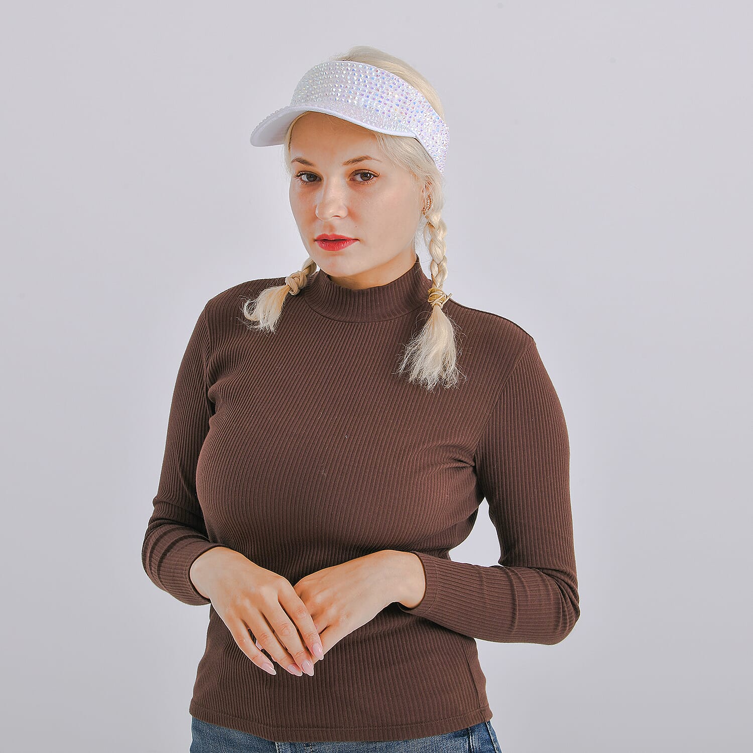 Rhinestone Baseball Visor Cap with Adjustable Strap (Head Size- 57-58cm) - White