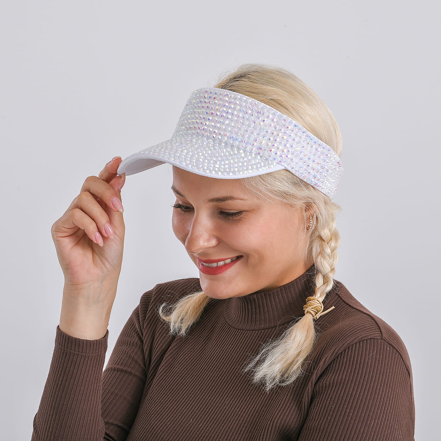 Rhinestone Baseball Visor Cap with Adjustable Strap (Head Size- 57-58cm) - White