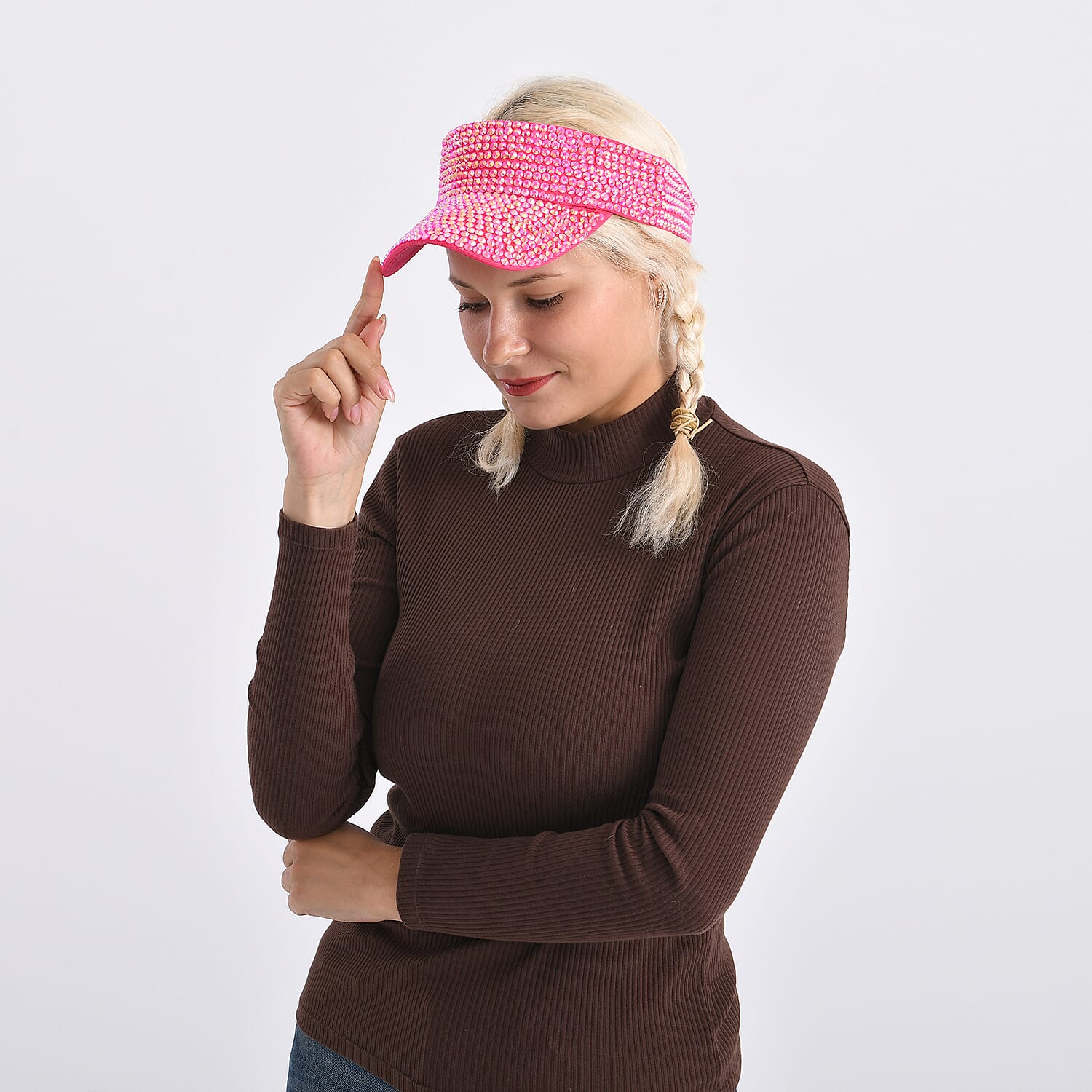 Rhinestone Baseball Visor Cap with Adjustable Strap (Head Size- 57-58cm) - Rose Pink