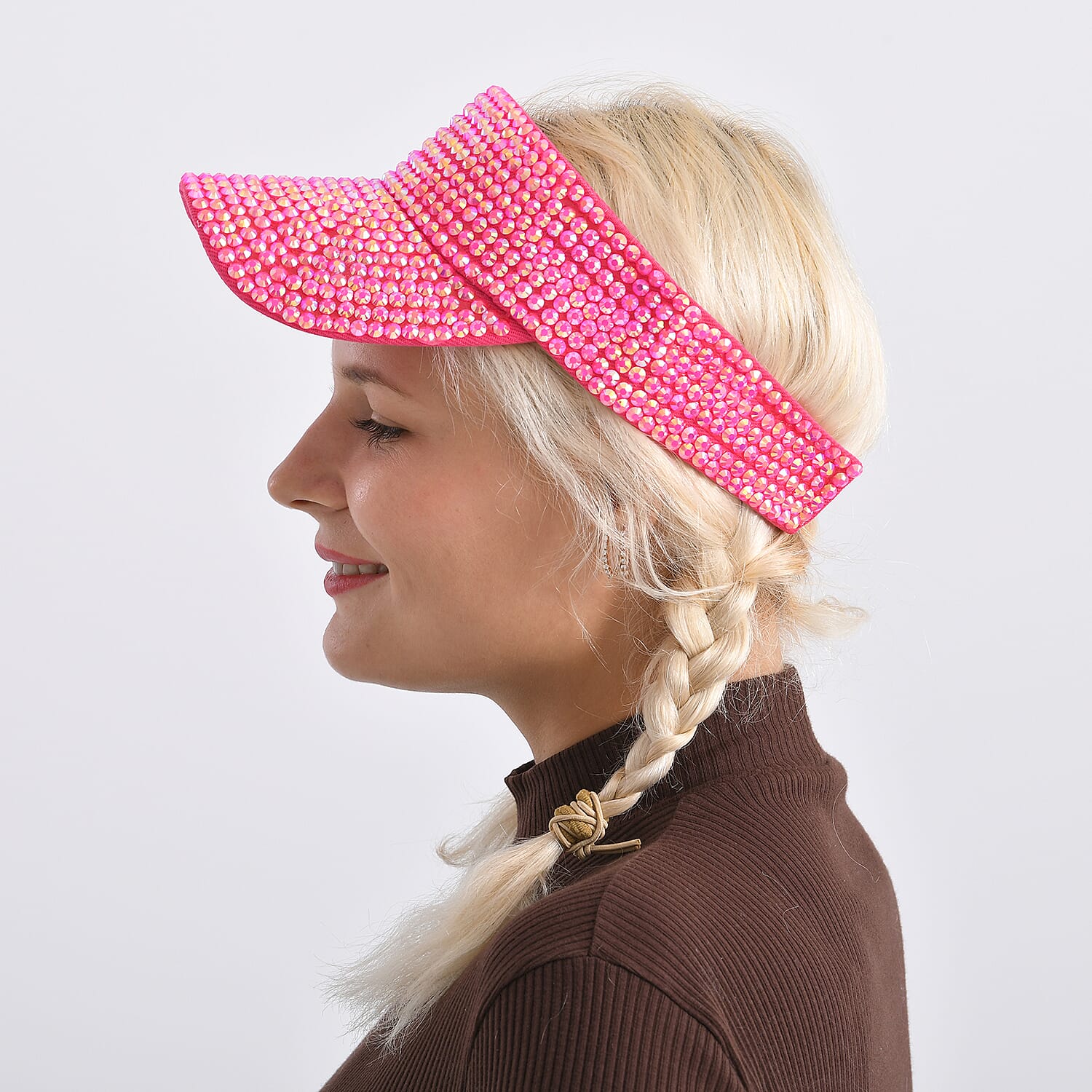 Rhinestone Baseball Visor Cap with Adjustable Strap (Head Size- 57-58cm) - Rose Pink