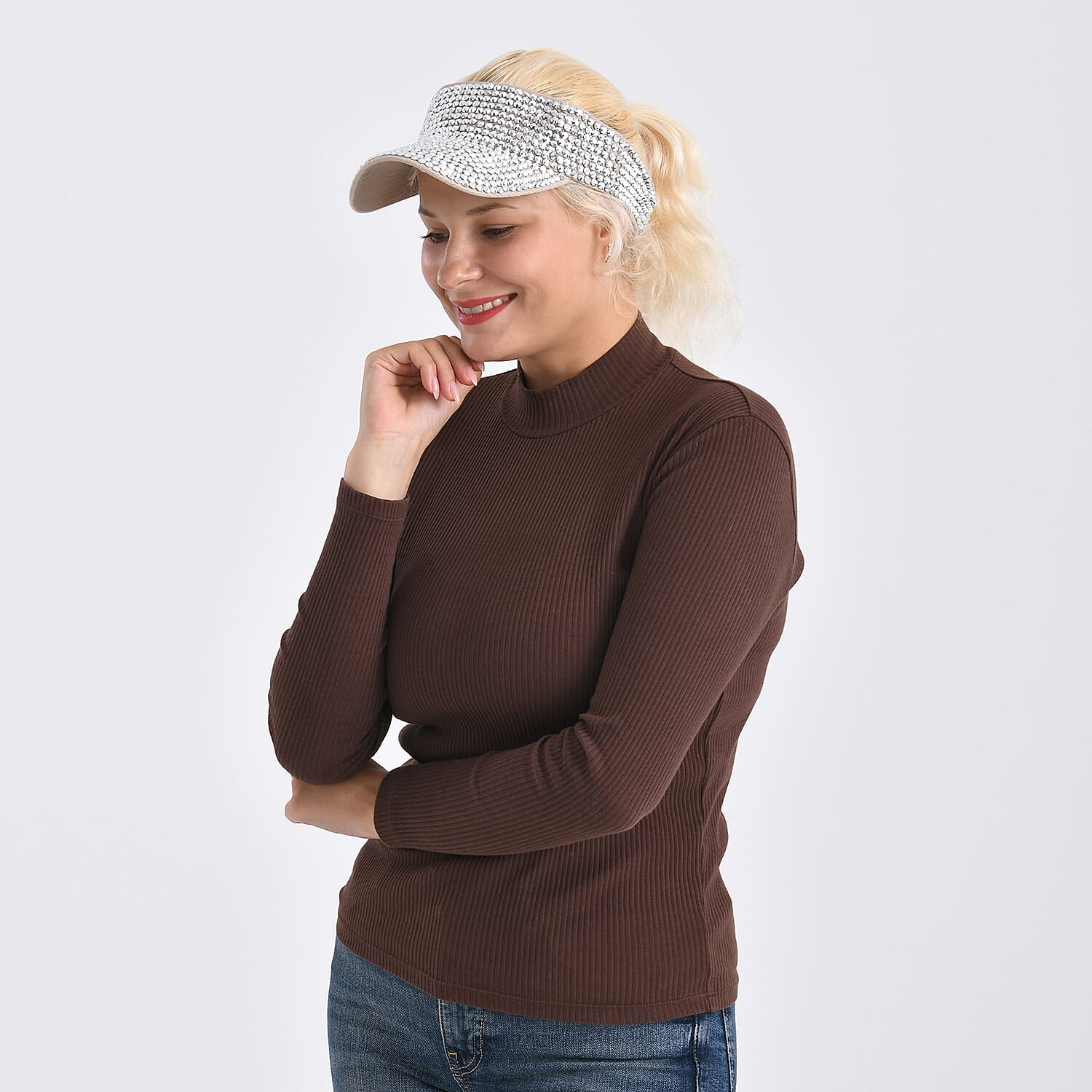 Rhinestone Baseball Visor Cap with Adjustable Strap (Head Size- 57-58cm) - Silver