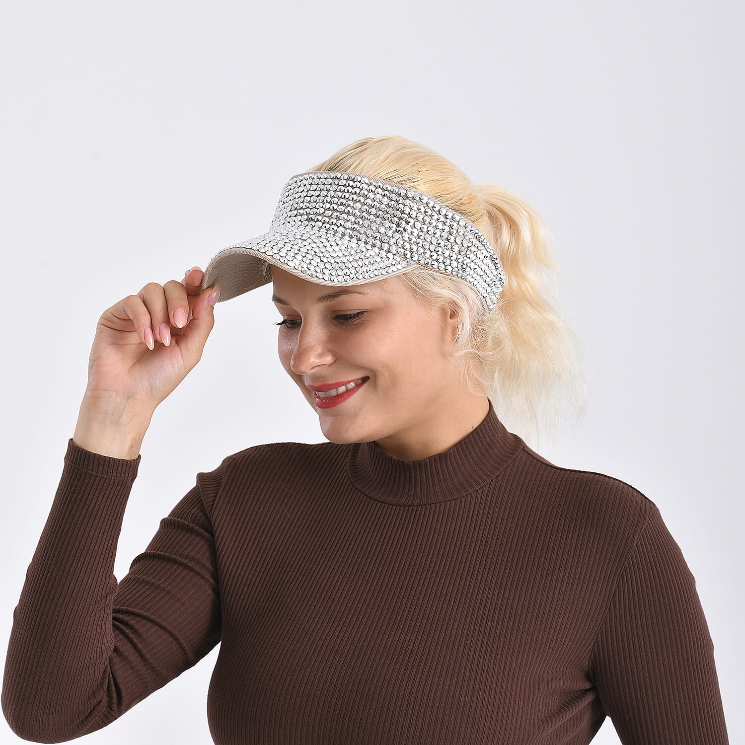 Rhinestone Baseball Visor Cap with Adjustable Strap (Head Size- 57-58cm) - Silver