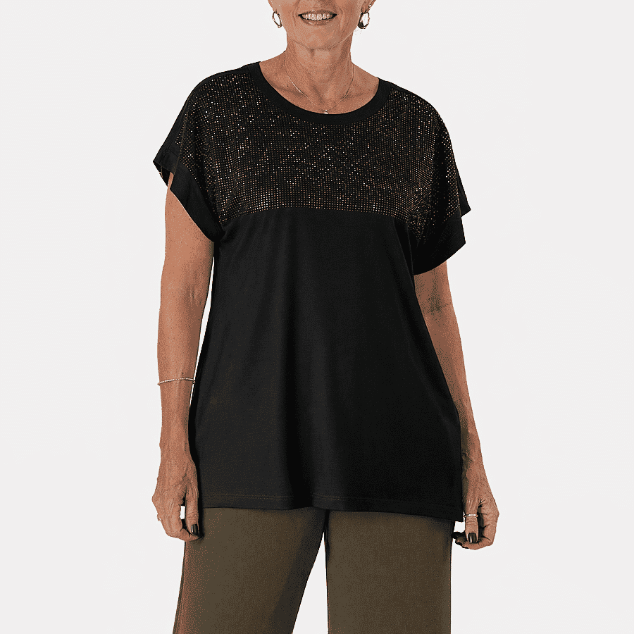 DIAMANTE COLLECTION - - Maisi Jeweled Supersoft Short-Sleeved Top (One Size 8 TO 22) - Black
