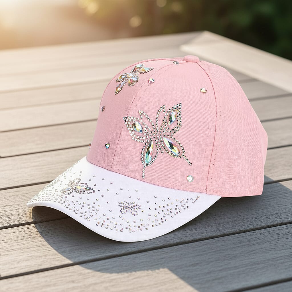 Butterfly Design Baseball Cap (57 Cm) - Pink & White