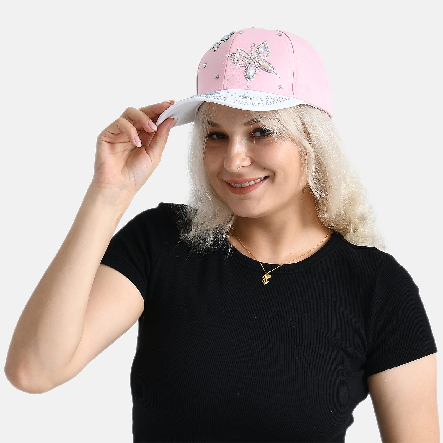 Butterfly Design Baseball Cap (57 Cm) - Pink & White