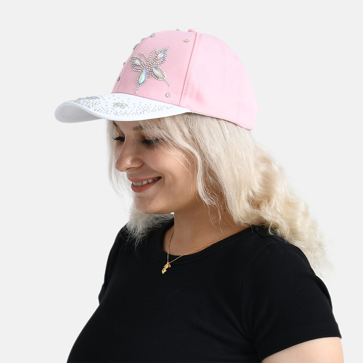Butterfly Design Baseball Cap (57 Cm) - Pink & White
