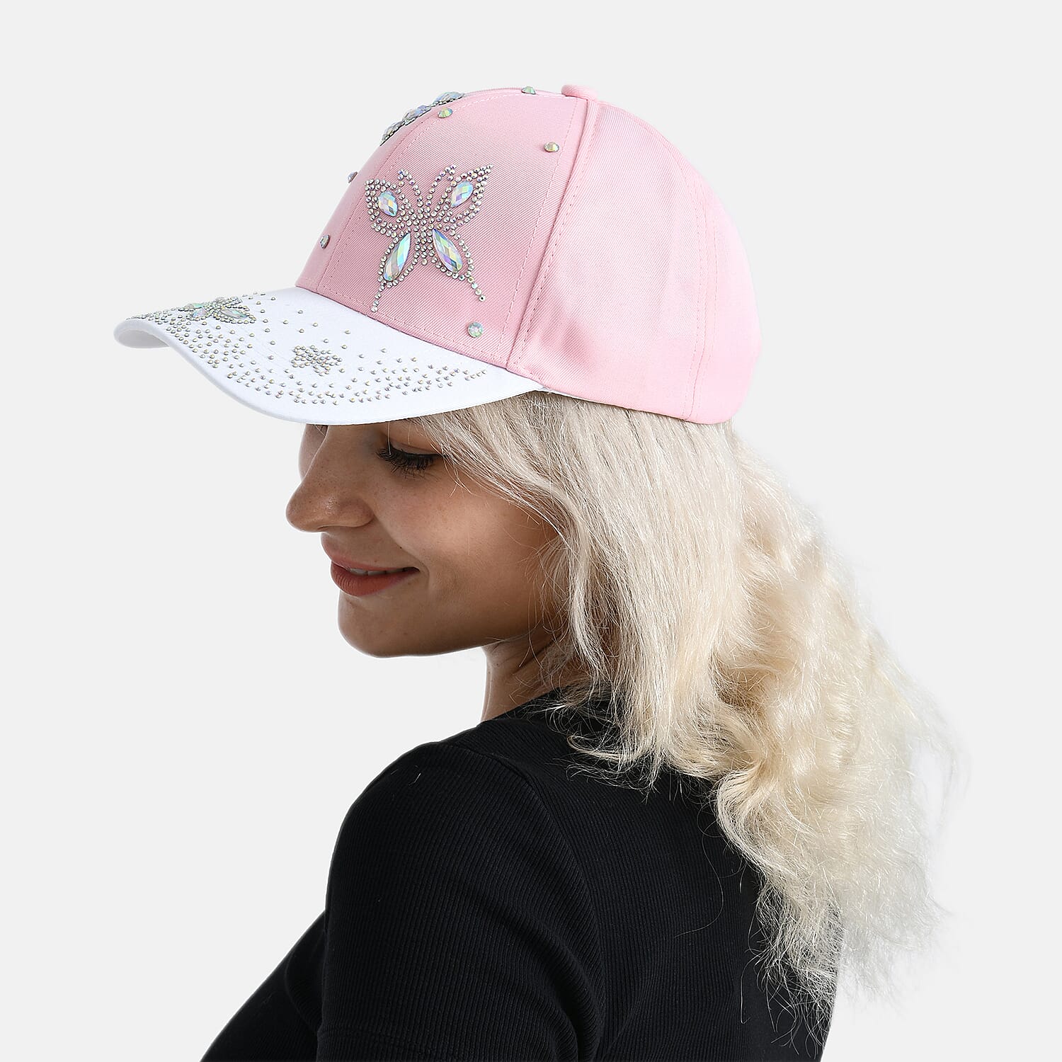Butterfly Design Baseball Cap (57 Cm) - Pink & White