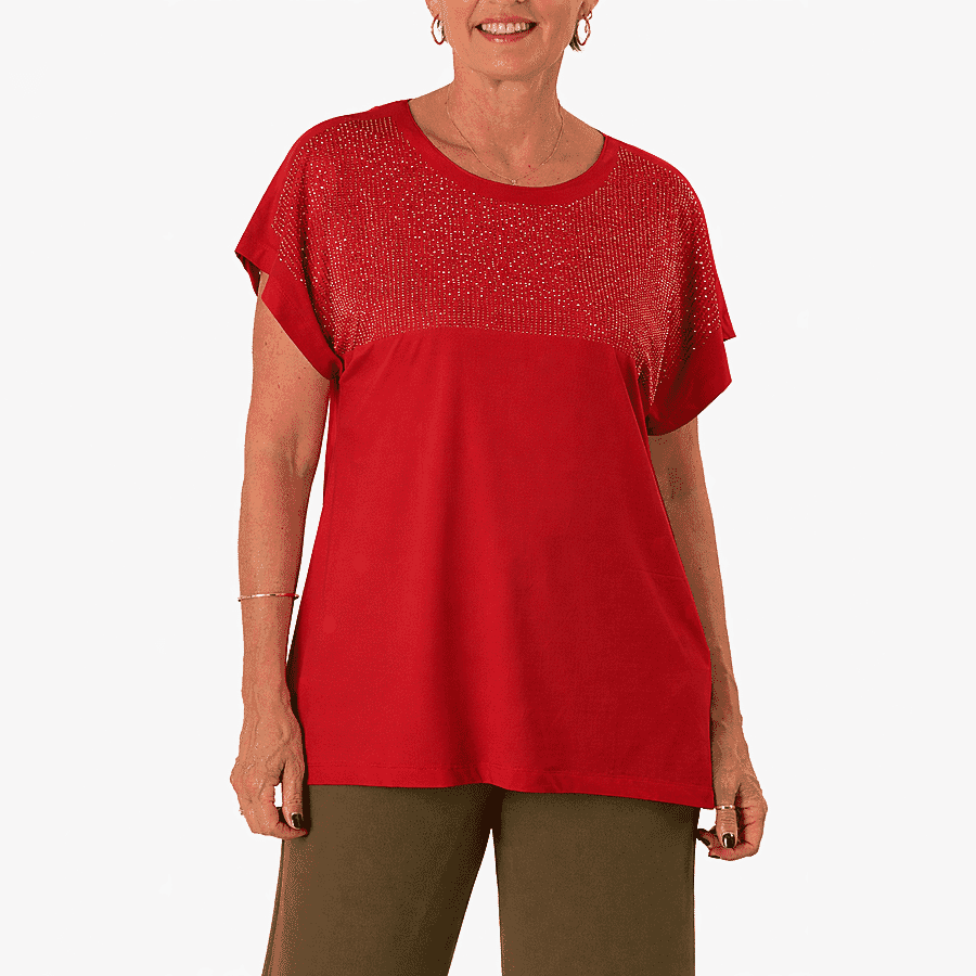 - Maisi Jeweled Short-Sleeved Top (One Size 8 to 22) - Mulberry