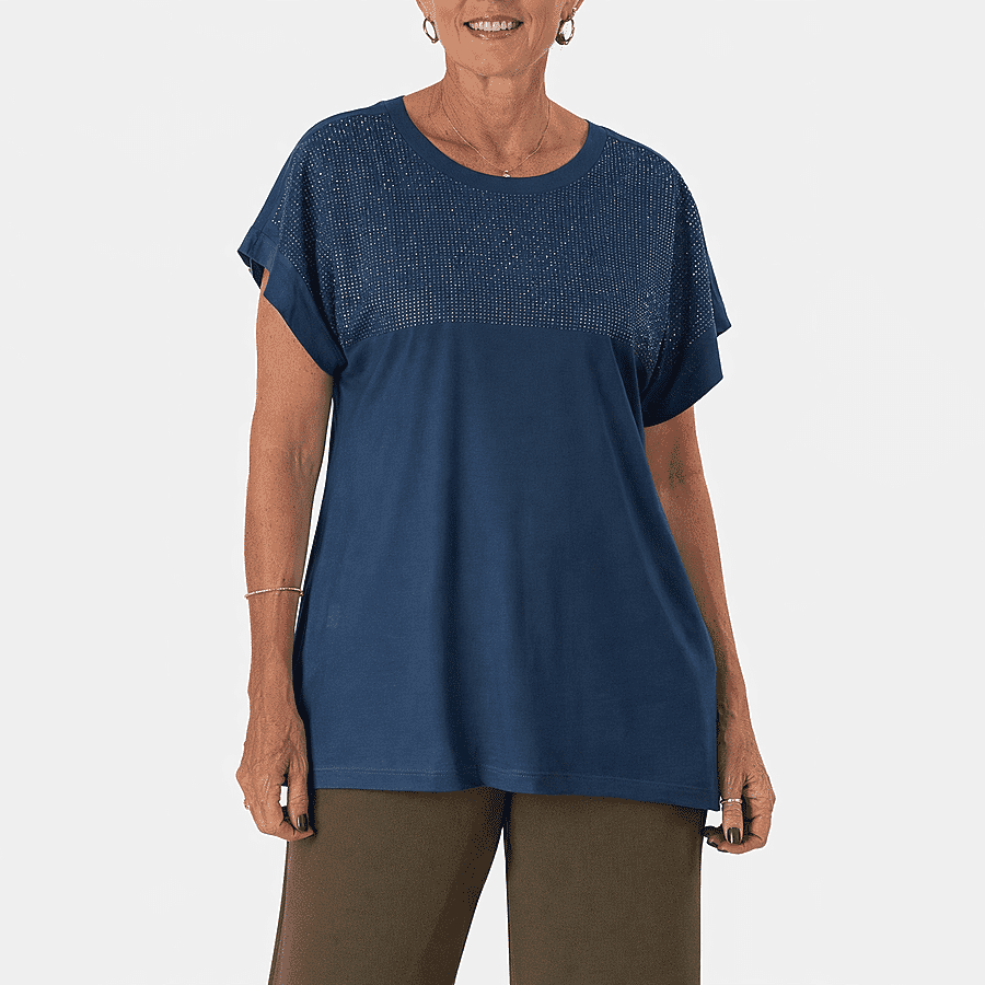 DIAMANTE COLLECTION - - Maisi Jeweled Short-Sleeved Top (One Size 8 to 22) - Teal