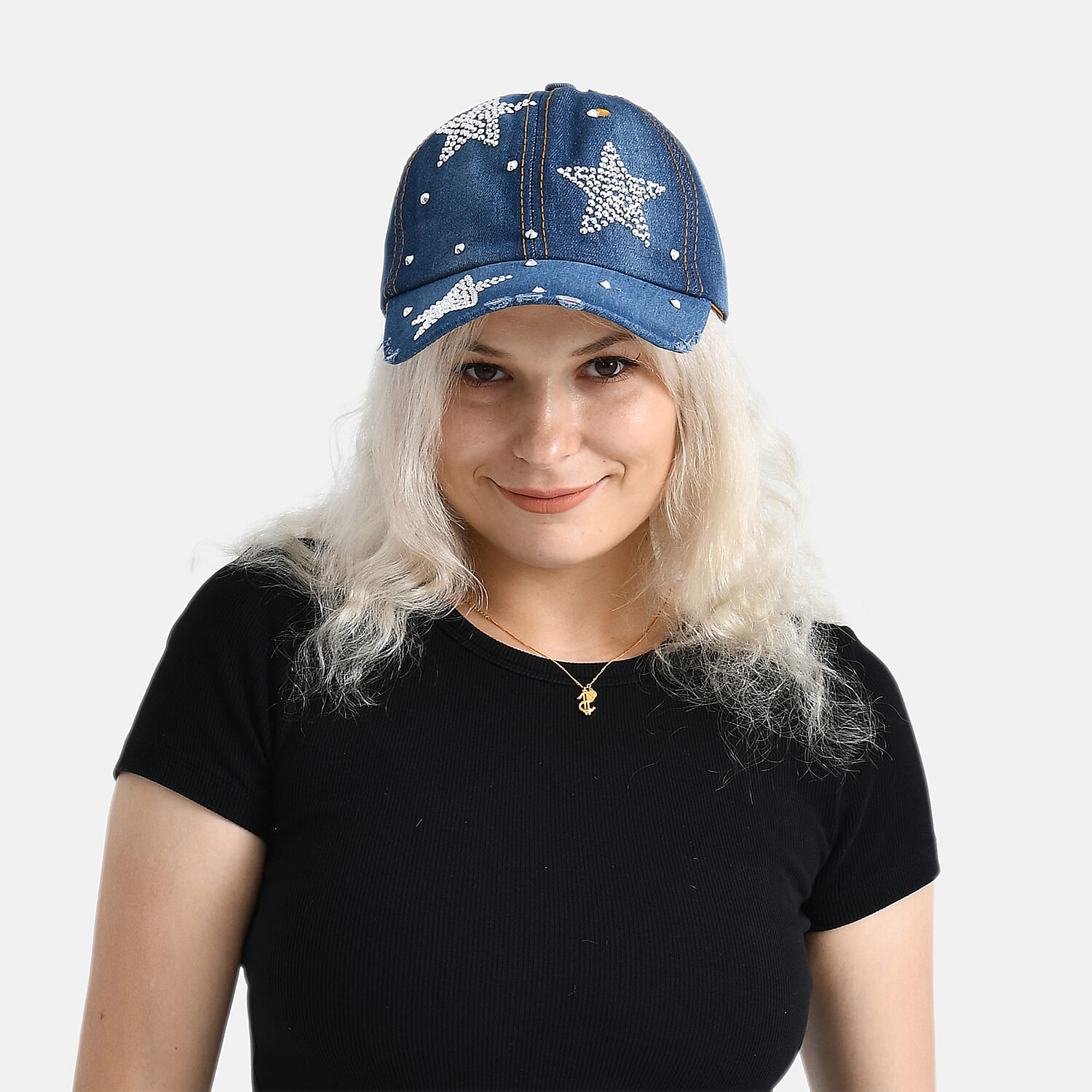Denim Baseball Cap with Rhinestone Star Pattern (57 cm)