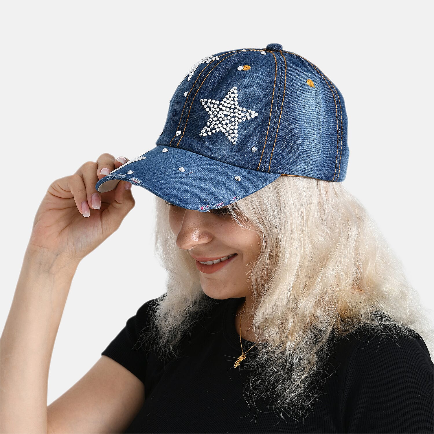 Denim Baseball Cap with Rhinestone Star Pattern (57 cm)