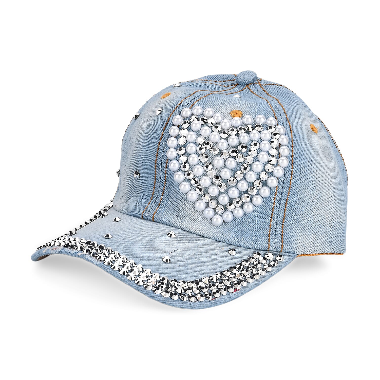 Denim Baseball Cap with Rhinestone Heart Pattern (57 cm) - Light Denim