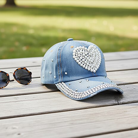 Denim Baseball Cap with Rhinestone Heart Pattern (57 cm) - Light Denim