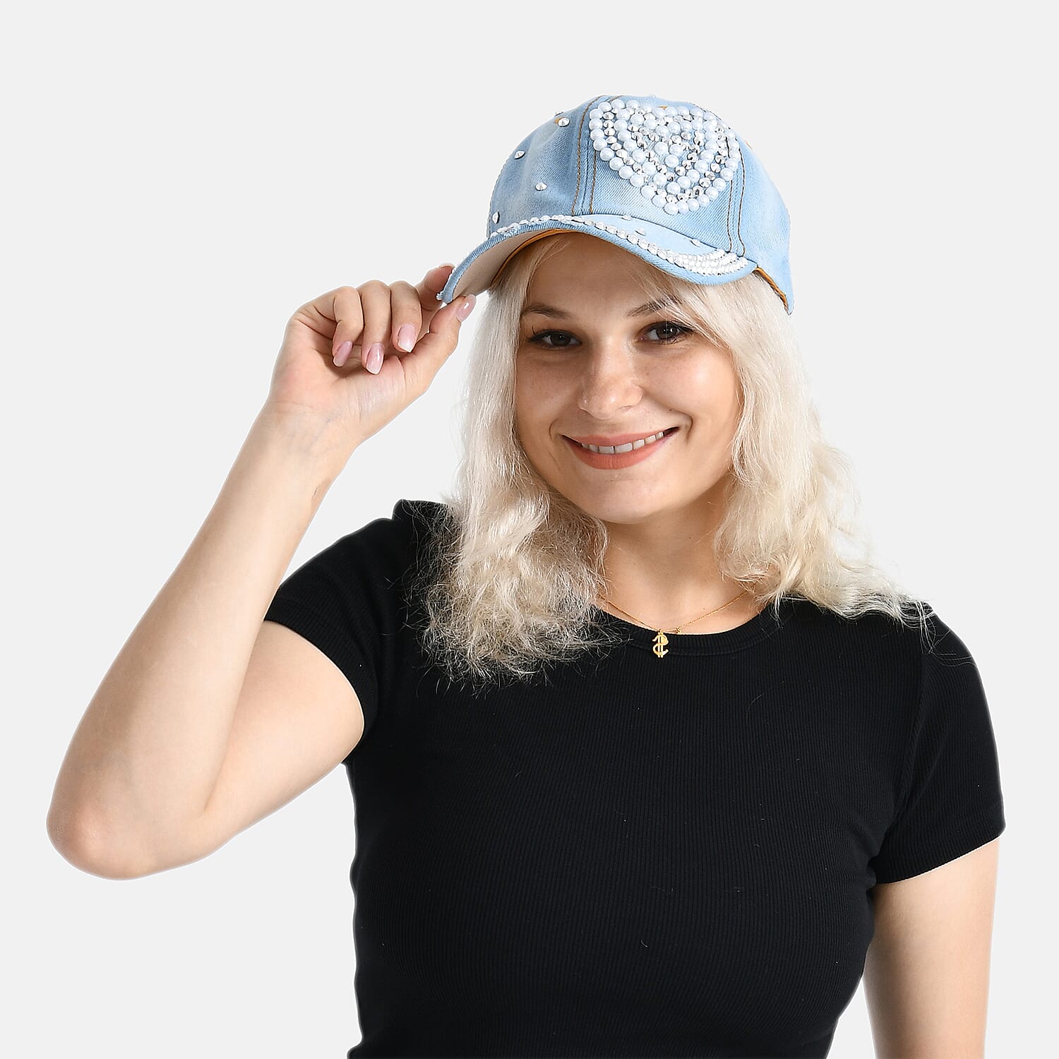 Denim Baseball Cap with Rhinestone Heart Pattern (57 cm) - Light Denim