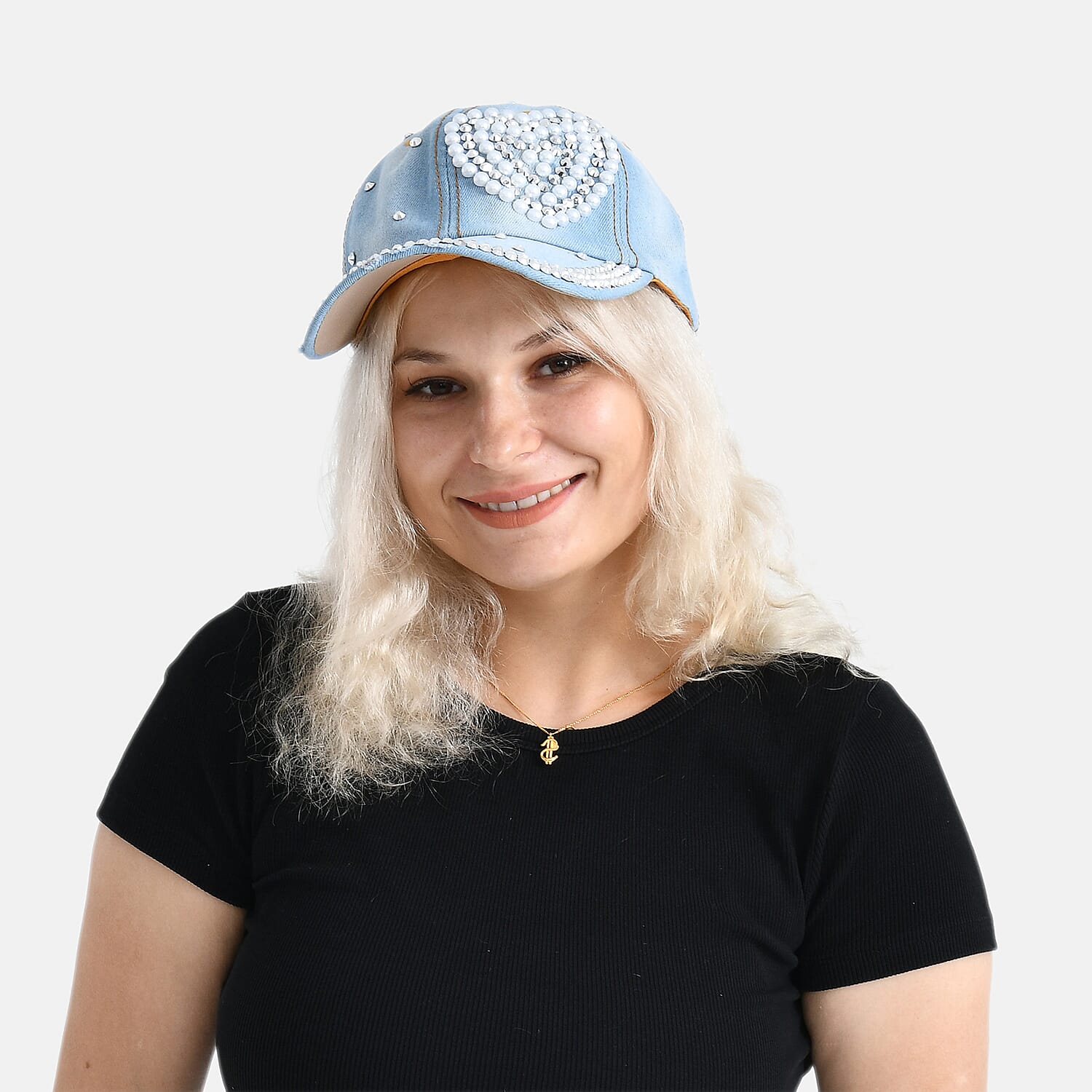 Denim Baseball Cap with Rhinestone Heart Pattern (57 cm) - Light Denim