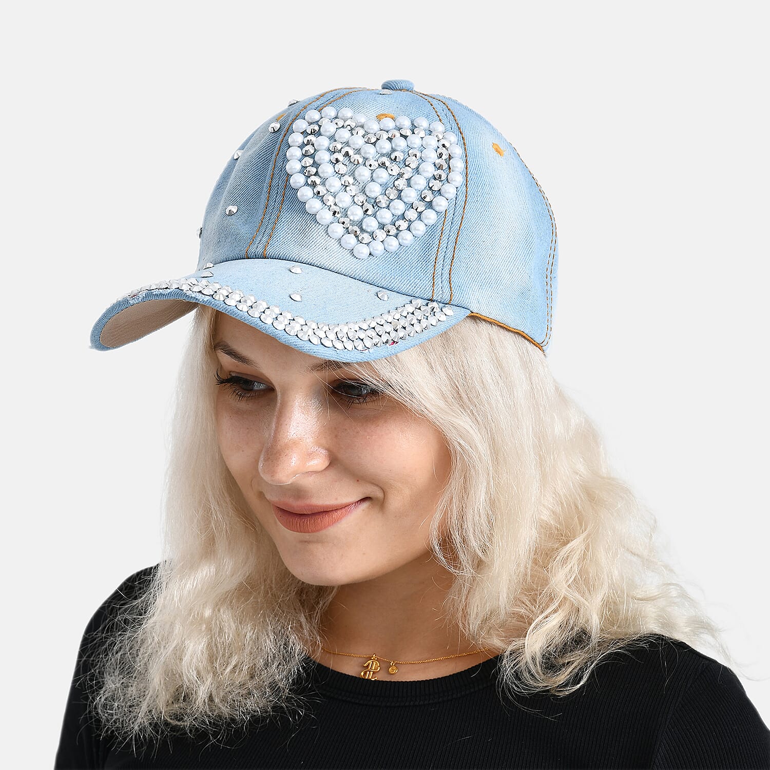 Denim Baseball Cap with Rhinestone Heart Pattern (57 cm) - Light Denim