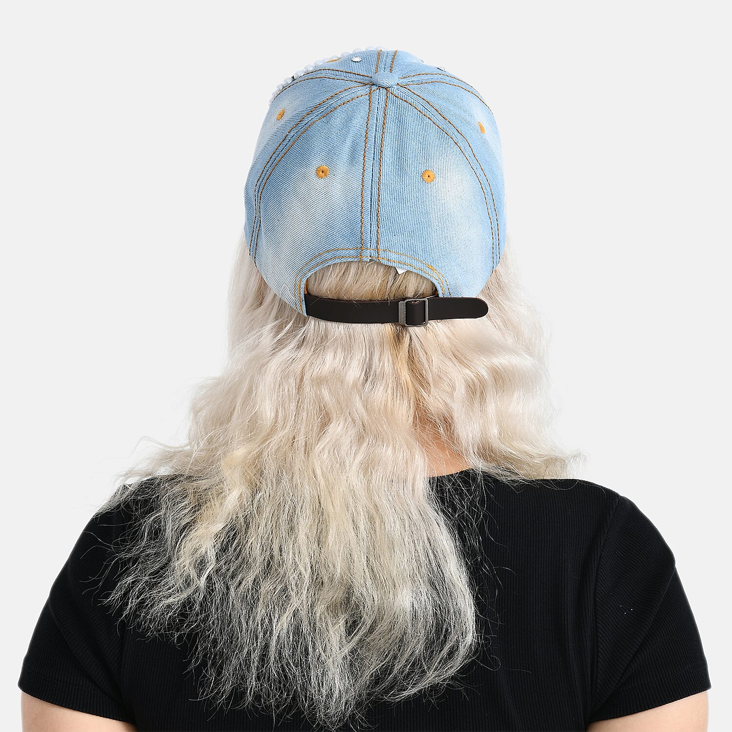 Denim Baseball Cap with Rhinestone Heart Pattern (57 cm) - Light Denim