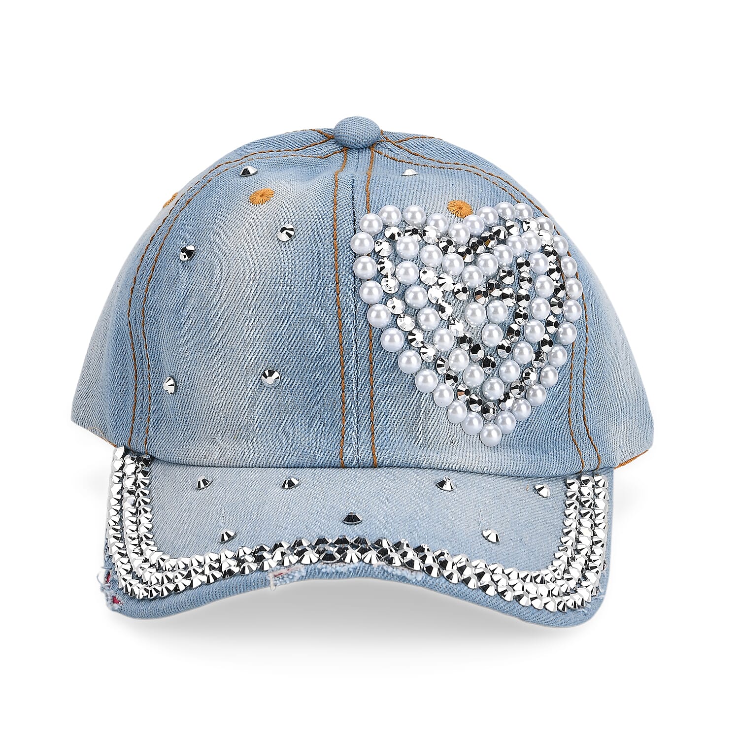 Denim Baseball Cap with Rhinestone Heart Pattern (57 cm) - Light Denim