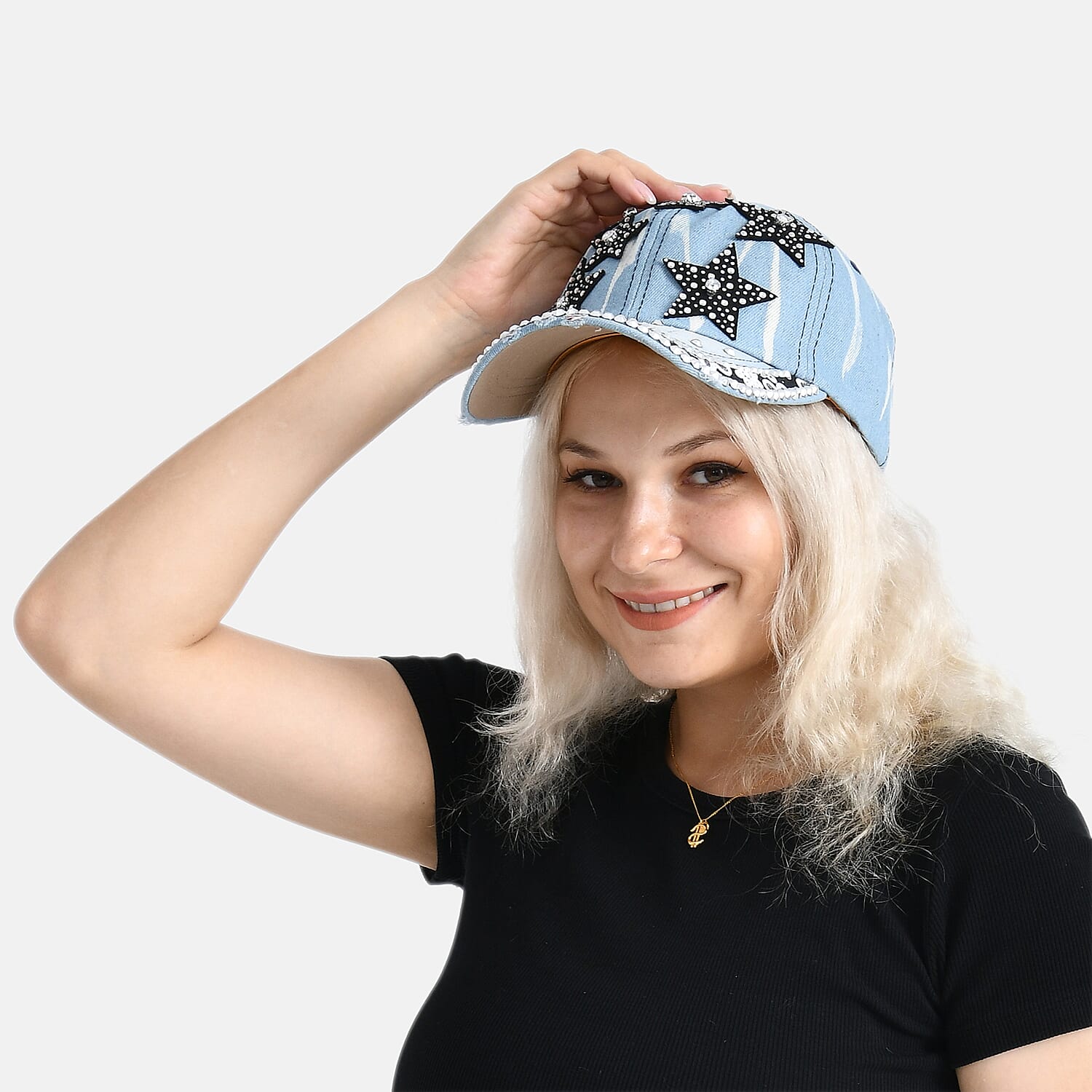 Black Star Pattern Denim Baseball Cap (57 cm) - Light Denim