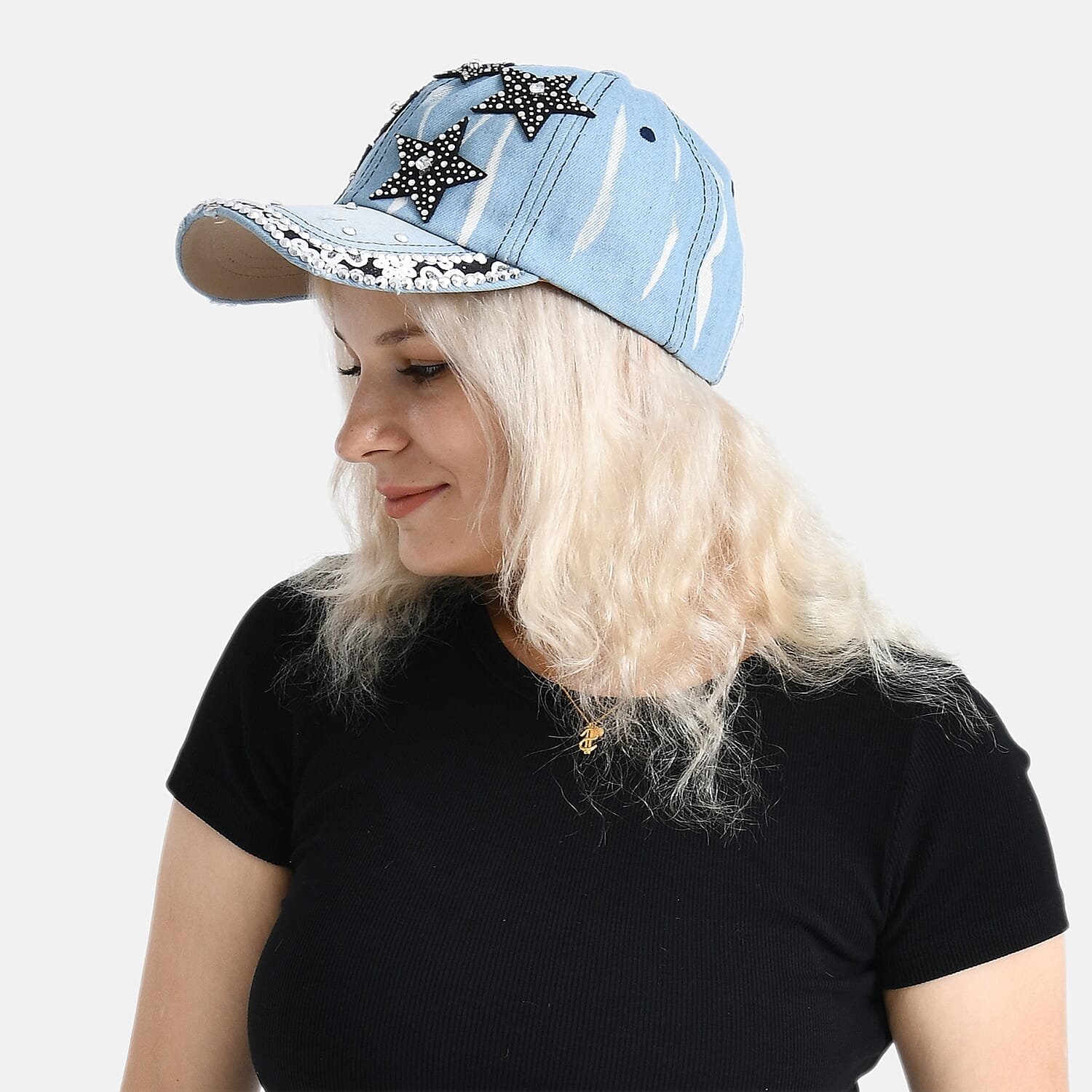 Black Star Pattern Denim Baseball Cap (57 cm) - Light Denim