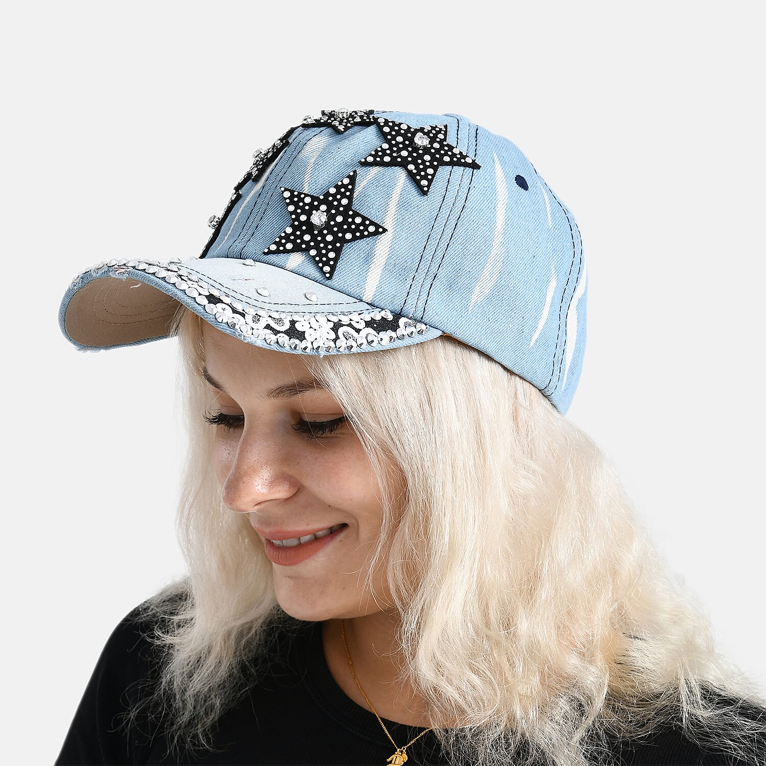 Black Star Pattern Denim Baseball Cap (57 cm) - Light Denim