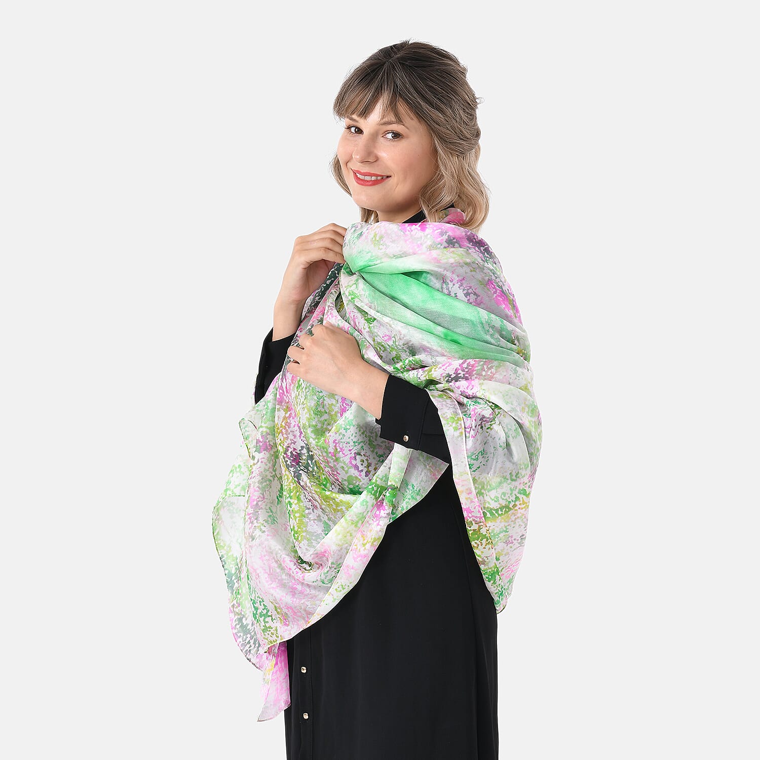 La Marey 100% Mulberry Silk Printed Scarf (Size 110x198cm) - Pink & Green