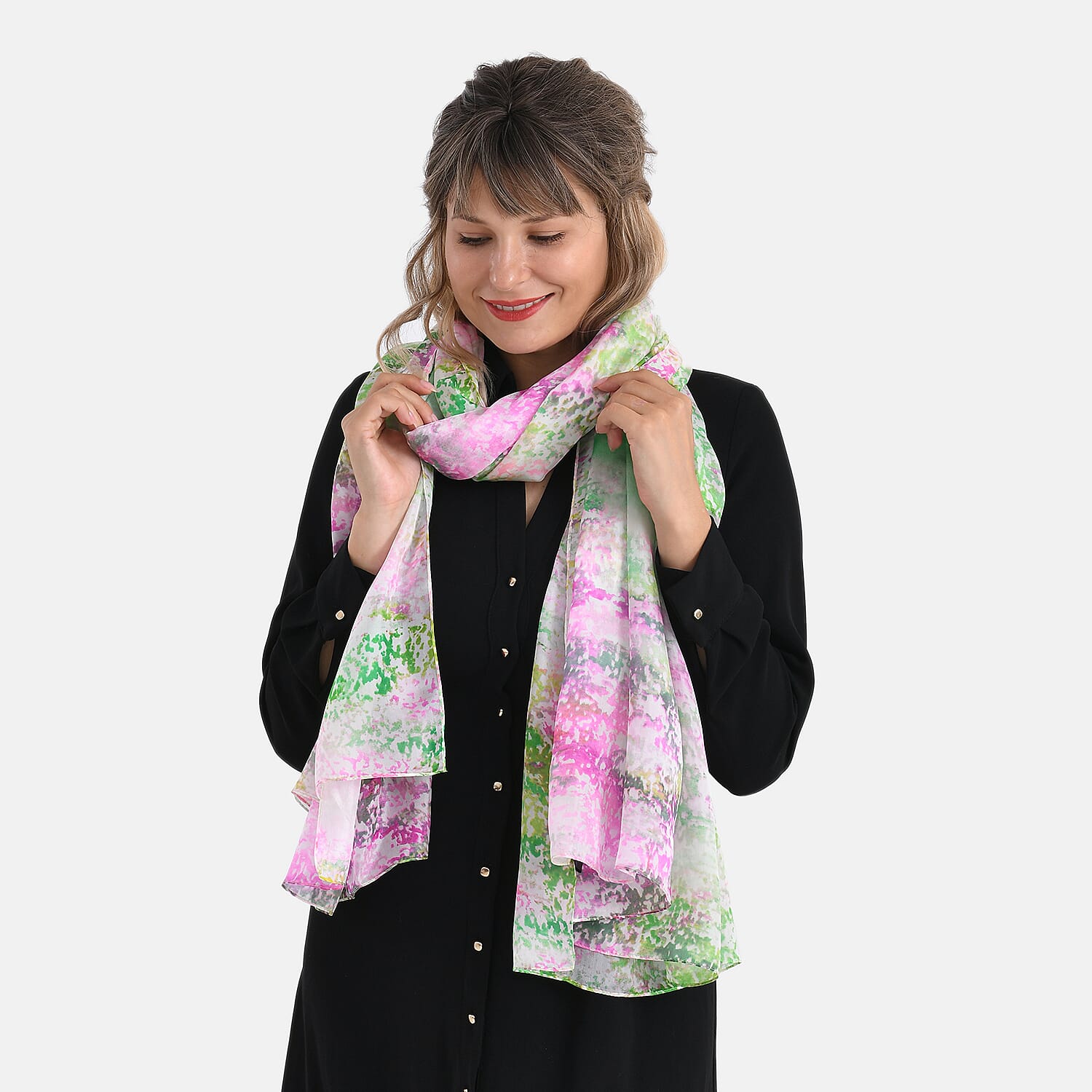 La Marey 100% Mulberry Silk Printed Scarf (Size 110x198cm) - Pink & Green